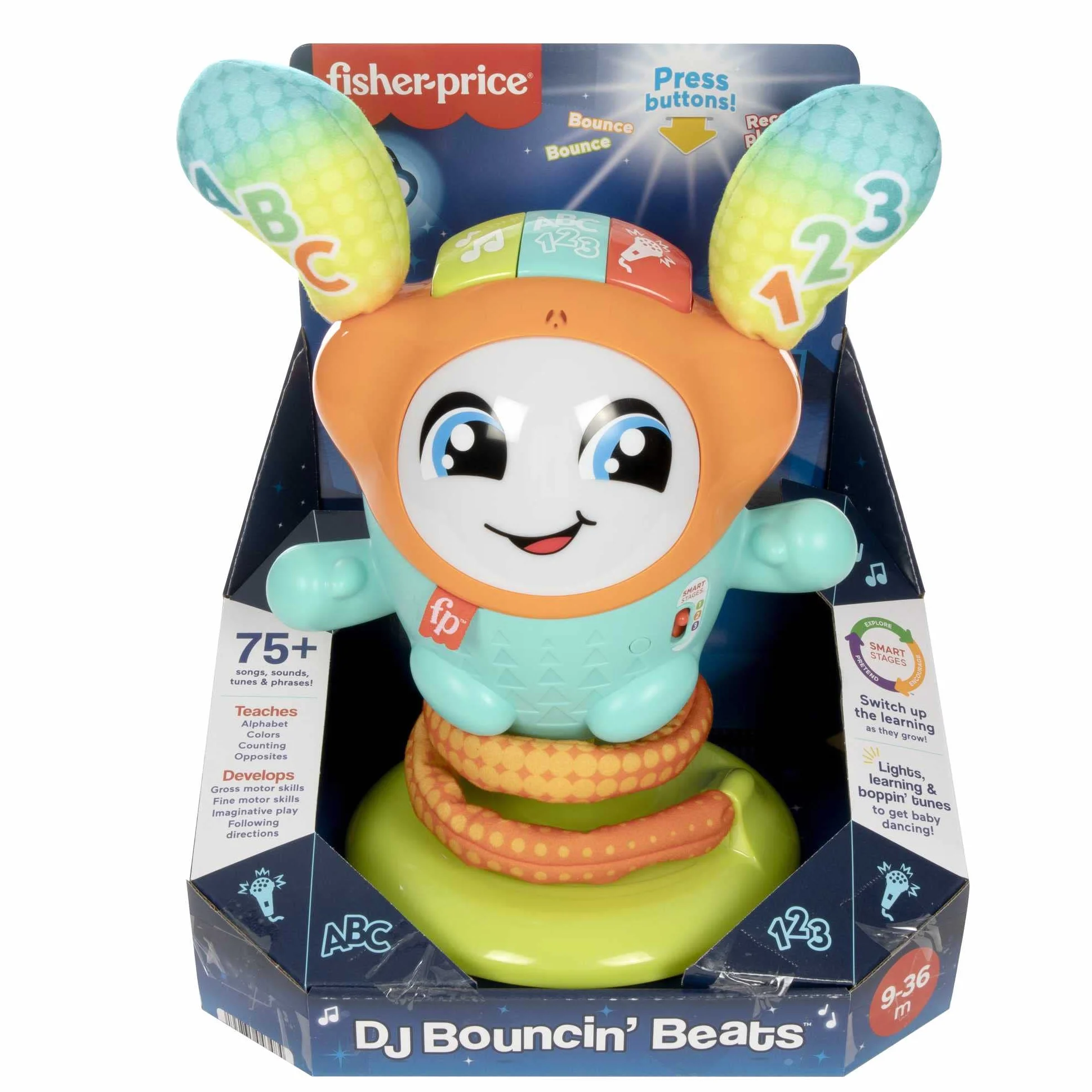 Fisher-Price - DJ Nino Salterino, edizione ITALIANO,SP, PORT, giocattolo musicale interattivo ed educativo con luci e azione saltellante, Giocattolo per Bambini 9-36 Mesi, HJP91