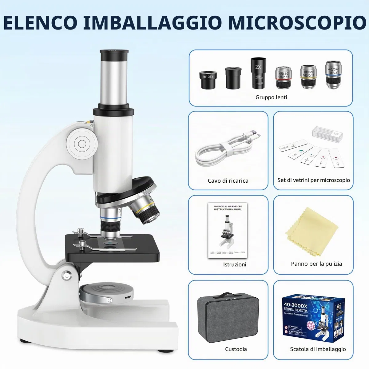 Microscopio per Bambini Adulti Principianti: Microscopio Biologico Composto 40-2000X con Kit Diapositive e Custodia per lo Stoccaggio - per Esplorare la Scienza e l'Educazione