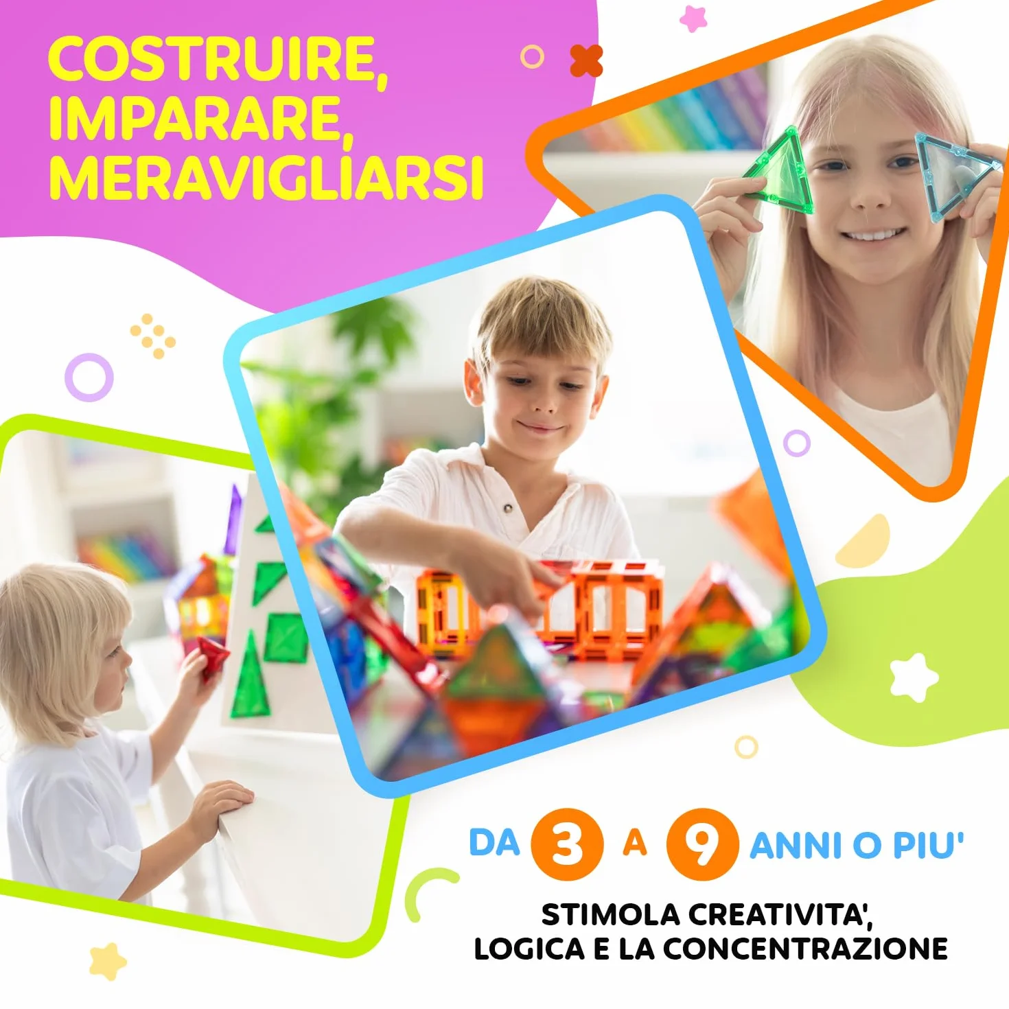 Blocchi Magnetici 120 Pezzi (2 Auto) – Costruzioni Magnetiche per Bambini 3+ – Gioco Creativo con Magnetic Tiles – Blocco da Costruzione Educativo – Idea Regalo Bimbi