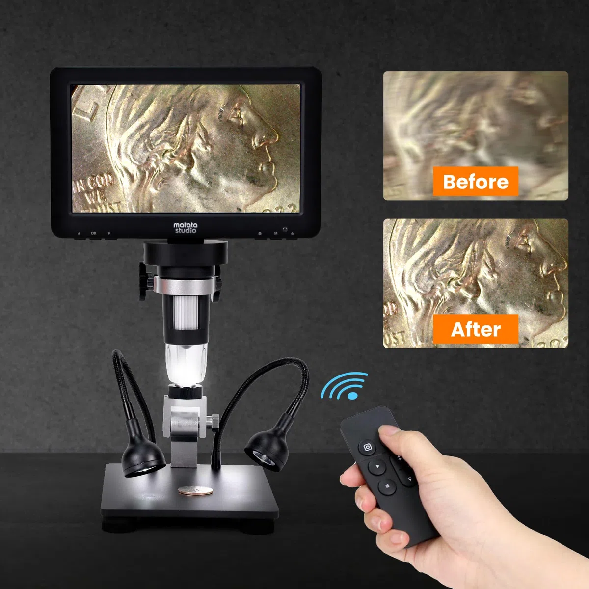 Matatastudio Microscopio digitale MT2 1200X HDMI con schermo IPS HD da 7'', Microscopio di saldatura con lente d'ingrandimento per monete 1080P per bambini e adulti, 10 luci LED, compatibile con