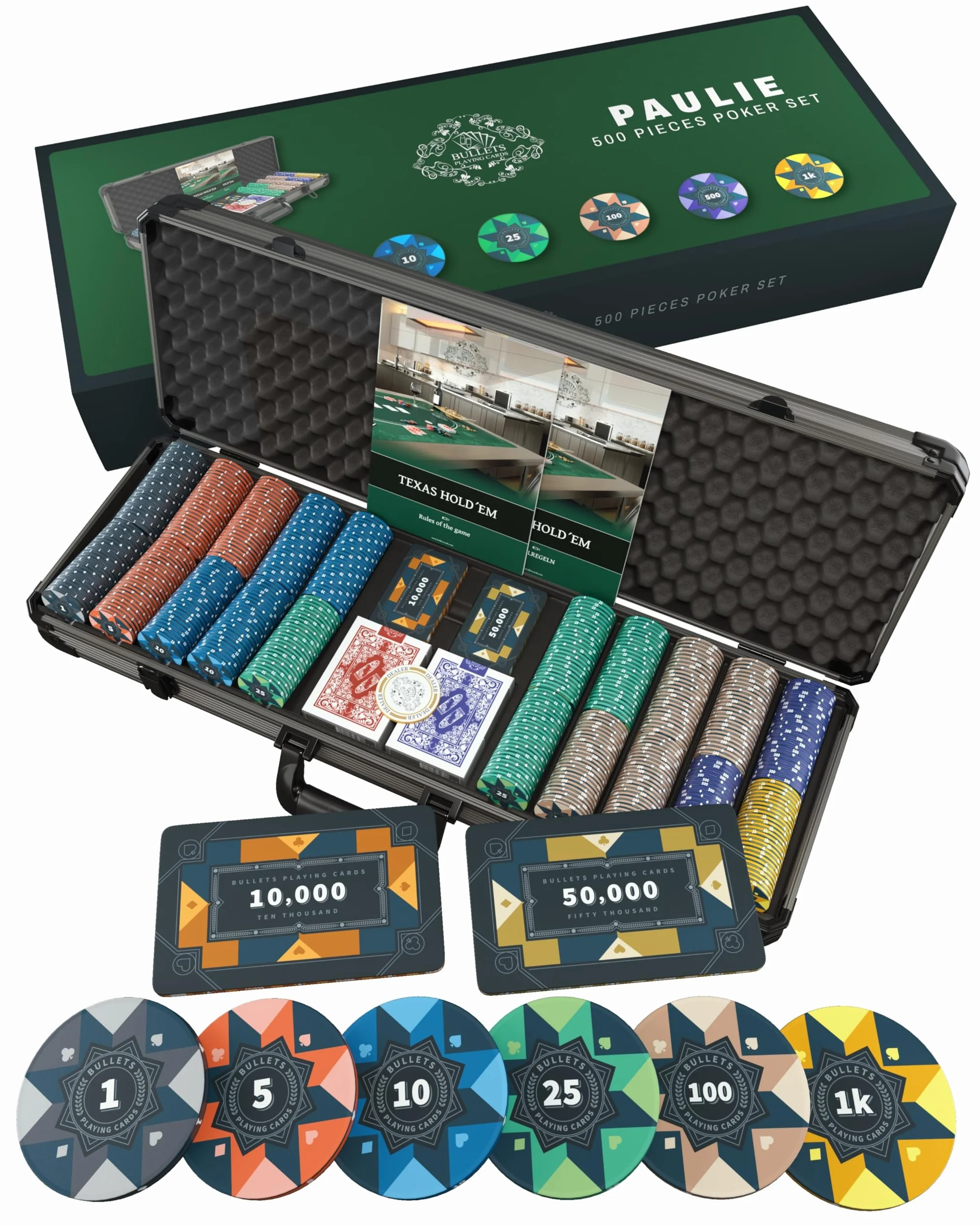 Bullets Playing Cards, Custodia da poker Paulie, Set da poker con 500 chip da poker in ceramica con valori stampati, con confezione doppia di carte da poker, placche