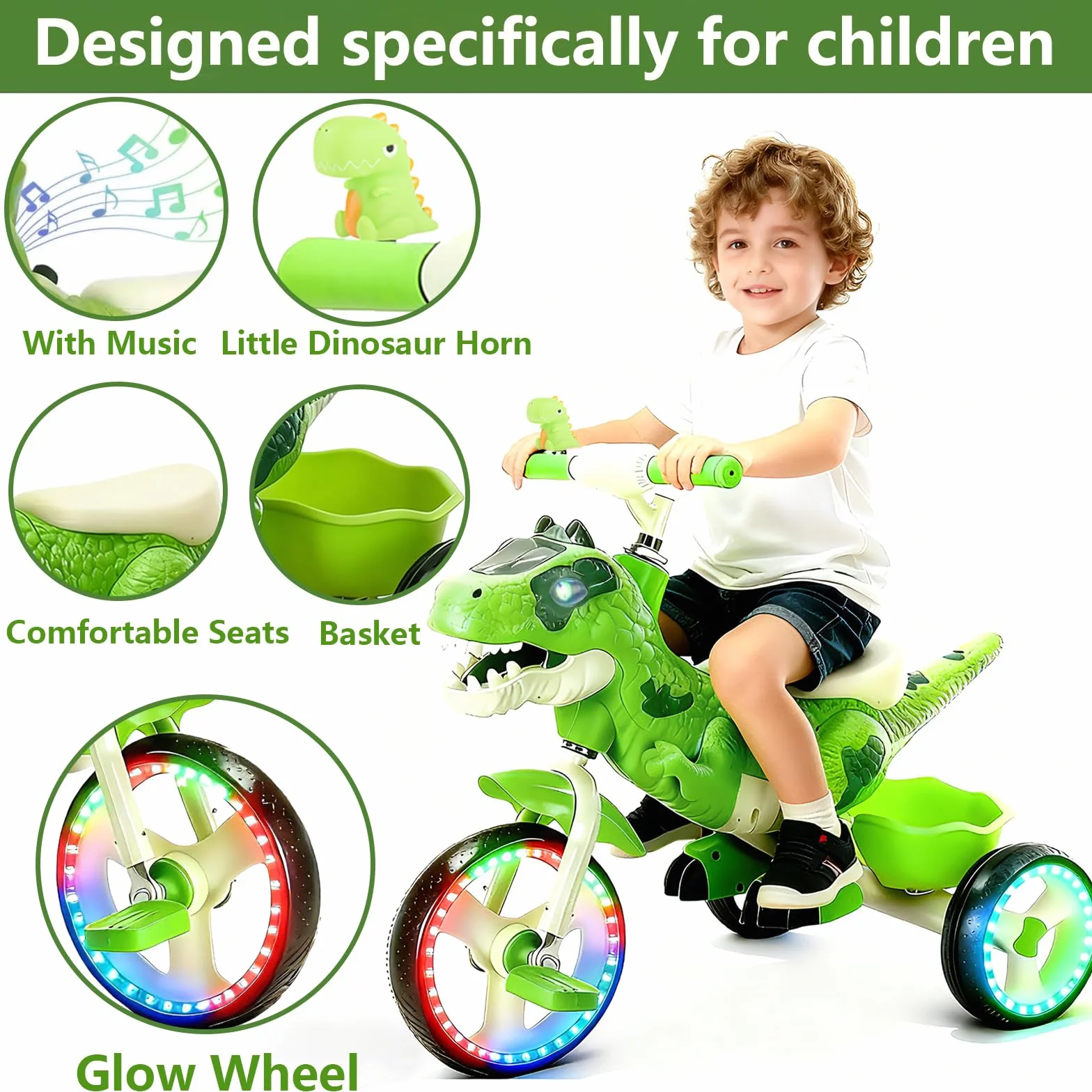 NMM Triciclo Dinosauro Con Clacson e Cesto Portaoggetti, Triciclo Bambini 2, 3, 4, 5, 6 Anni, Con Musica e Luci, Regali di Compleanno e Natale Adatti a Bambini e Bambine - Verde
