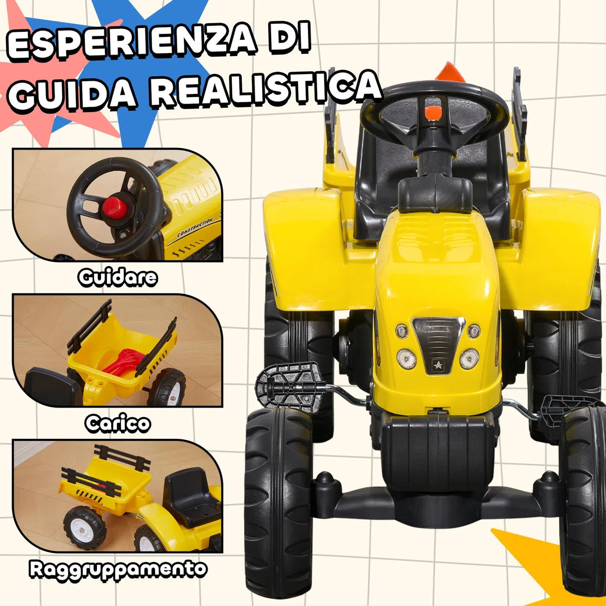 HOMCOM Trattore a Pedali per Bambini 3+ Anni con Rimorchio, Giallo