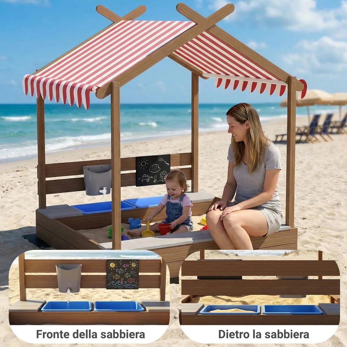 MAMIZO Grande Sabbiere da Esterno per Bambini 3-10 anni, Sandbox in Legno con Tetto, Recinto di Sabbia con Lavagna, Rubinetto, 2 Bacinella, Giardini Playhouse per Spiagge, Balconi, 113x116x142 CM