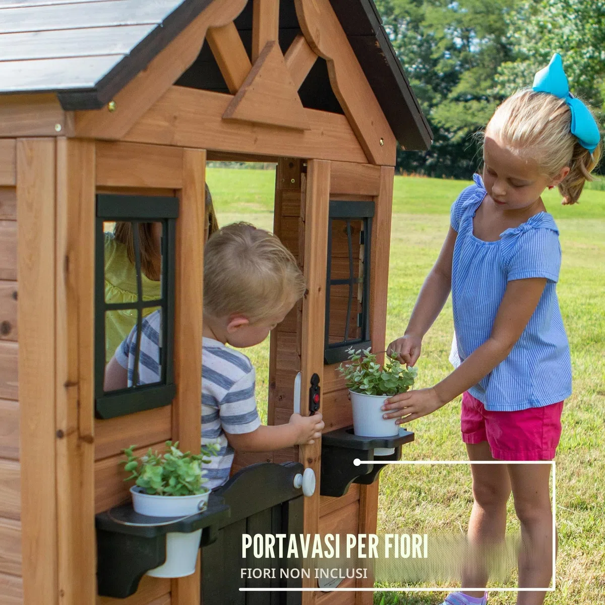 Backyard Discovery Casetta giocattolo Sweetwater in legno per bambini all'aperto con finestre marrone e nero