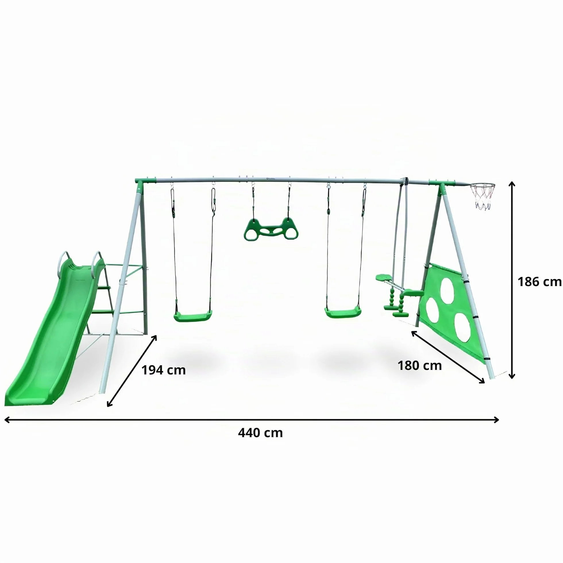 HyperMotion Swing HYP9 Parco giochi XXXL - Altalene Doppia e Singola, Scivolo, Trapezio, Cestino Basket, Scot Calcio - per 6 Bambini 3+ anni, 300 kg Max - Verde