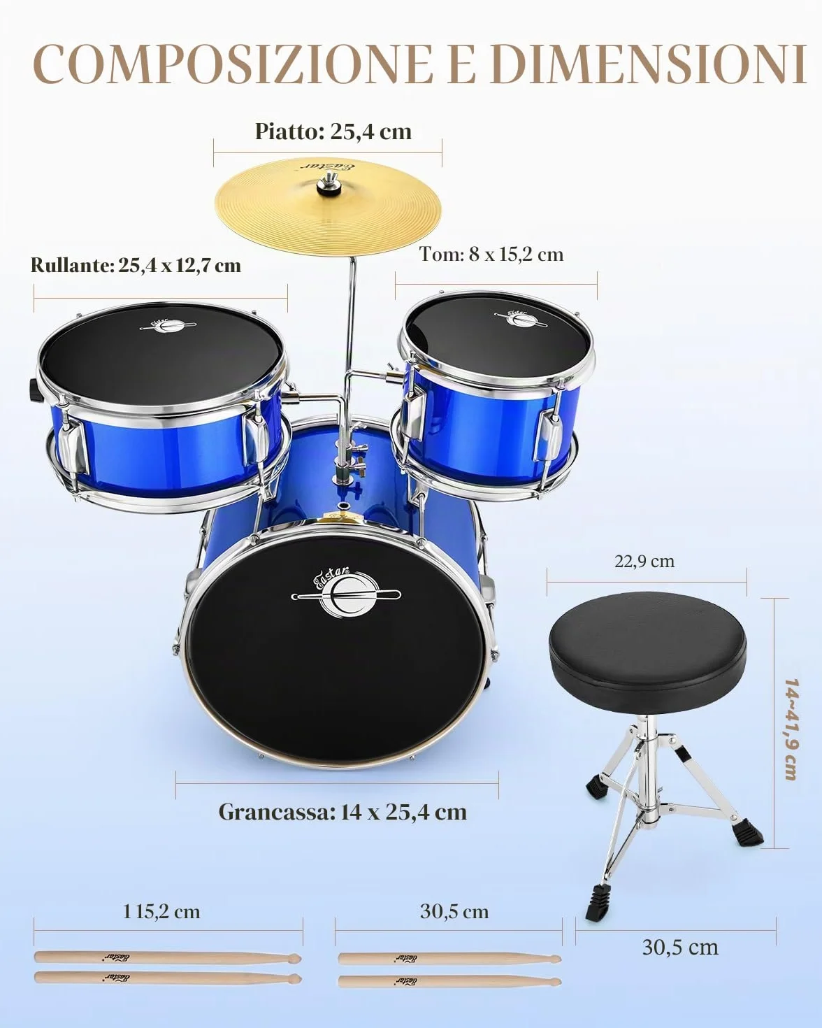 Eastar Batteria per Bambini per età 3-10 Anni, Junior Drum Set con Rullante, Tom, Grancassa, Pedale Grancassa (Specchio Blu)