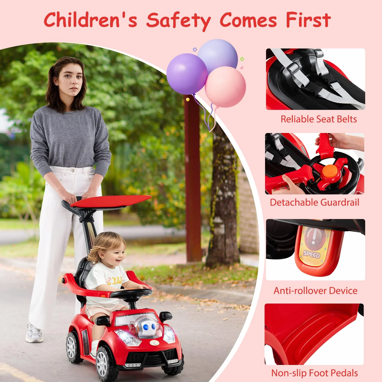 SOARS Macchina Cavalcabile per Bambini 1-3 Anni, Cavalcabile Bambino 3 in 1, Carpot & Maniglia Rimovibili, Guida Realistica con Volante, Clacson, Musica, Carico 25 KG, Regalo Ragazza Ragazzo (Rosso)