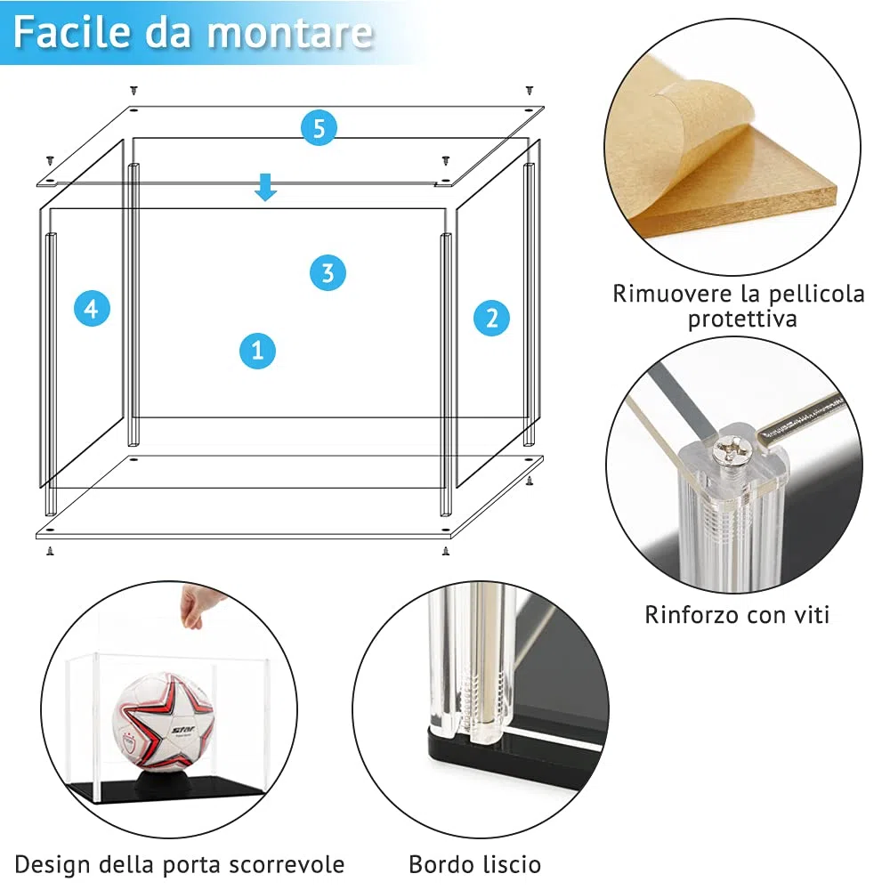 Teca Plexiglass (34,5 x 24,5 x 26 cm) Vetrina Acrilico Espositore per Pallone da Calcio Basket, Modellino