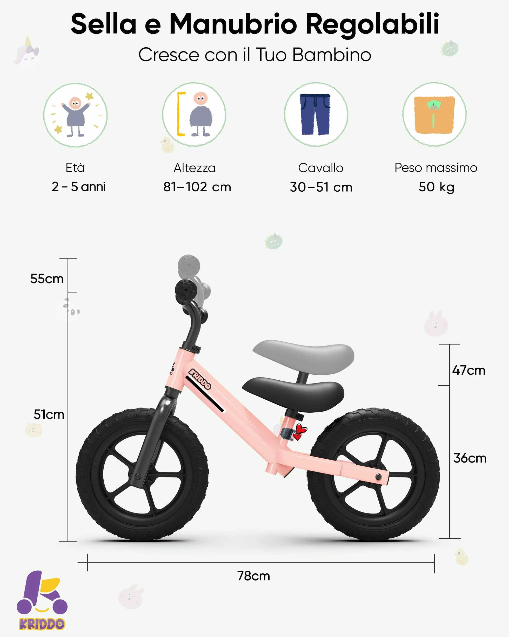 KRIDDO Bicicletta senza pedali per bambini dai 2 ai 5 anni, doppio cuscinetto per una guida più fluida, adorabile piastra, sedile e manubrio regolabili, regalo per bambini dai 2 ai 3 anni