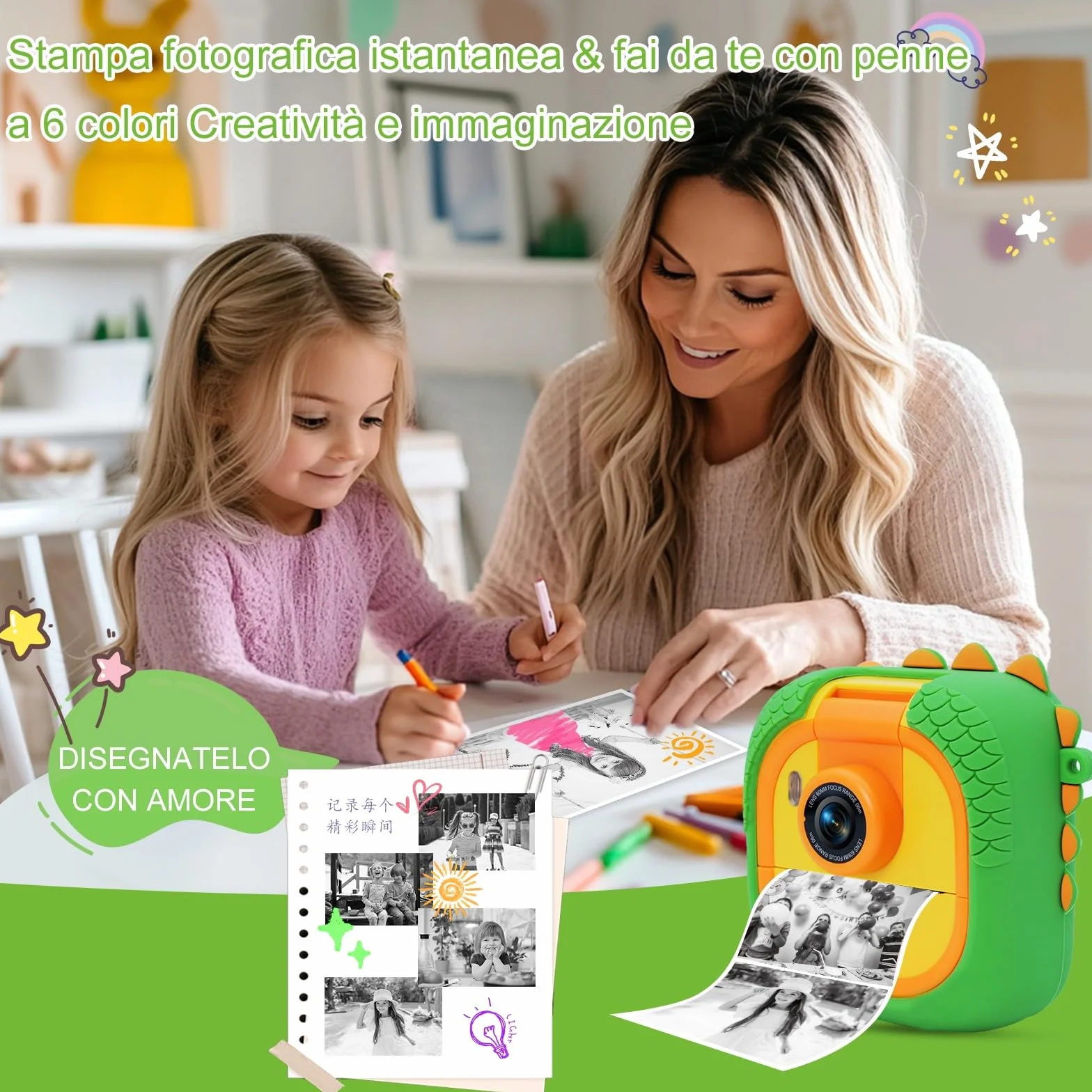 Macchina Fotografica Bambini Istantanea con obiettivo 180°Flip, ARNSSIEN 2,4" Fotocamera Istantanea per Bambini 1080P con 3 Rotoli di Carta da Stampa, Regalo per Bambino per Ragazze Ragazzi da 3-12,M2
