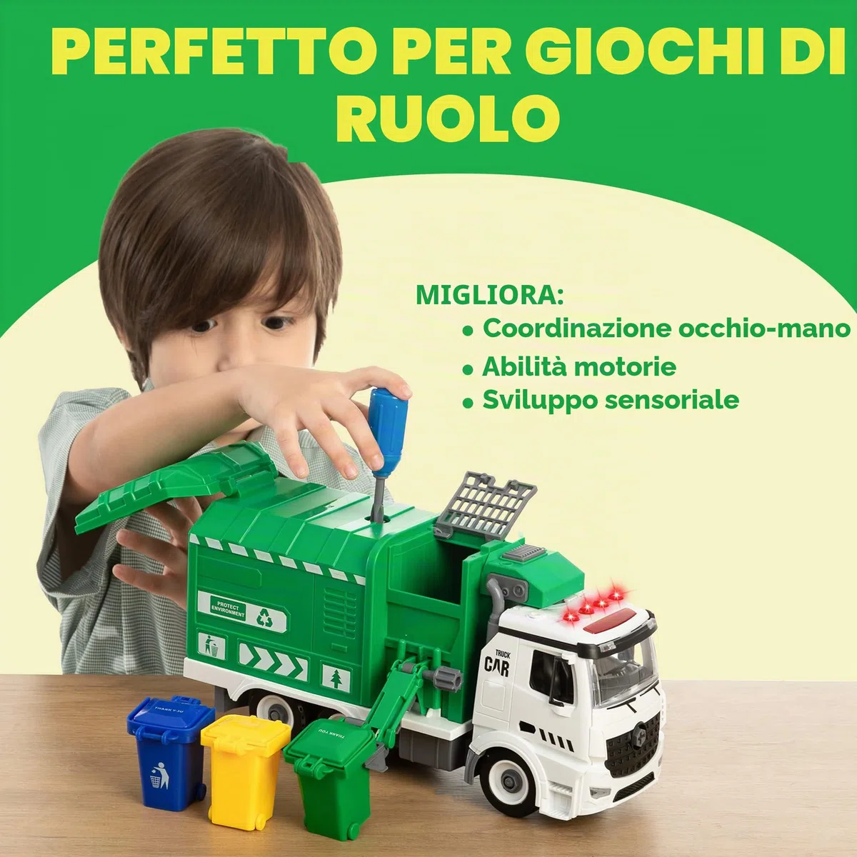 JOYIN Giocattolo camion della spazzatura con luci e suoni per bambini 3-8 anni, camion riciclaggio scarico laterale regalo