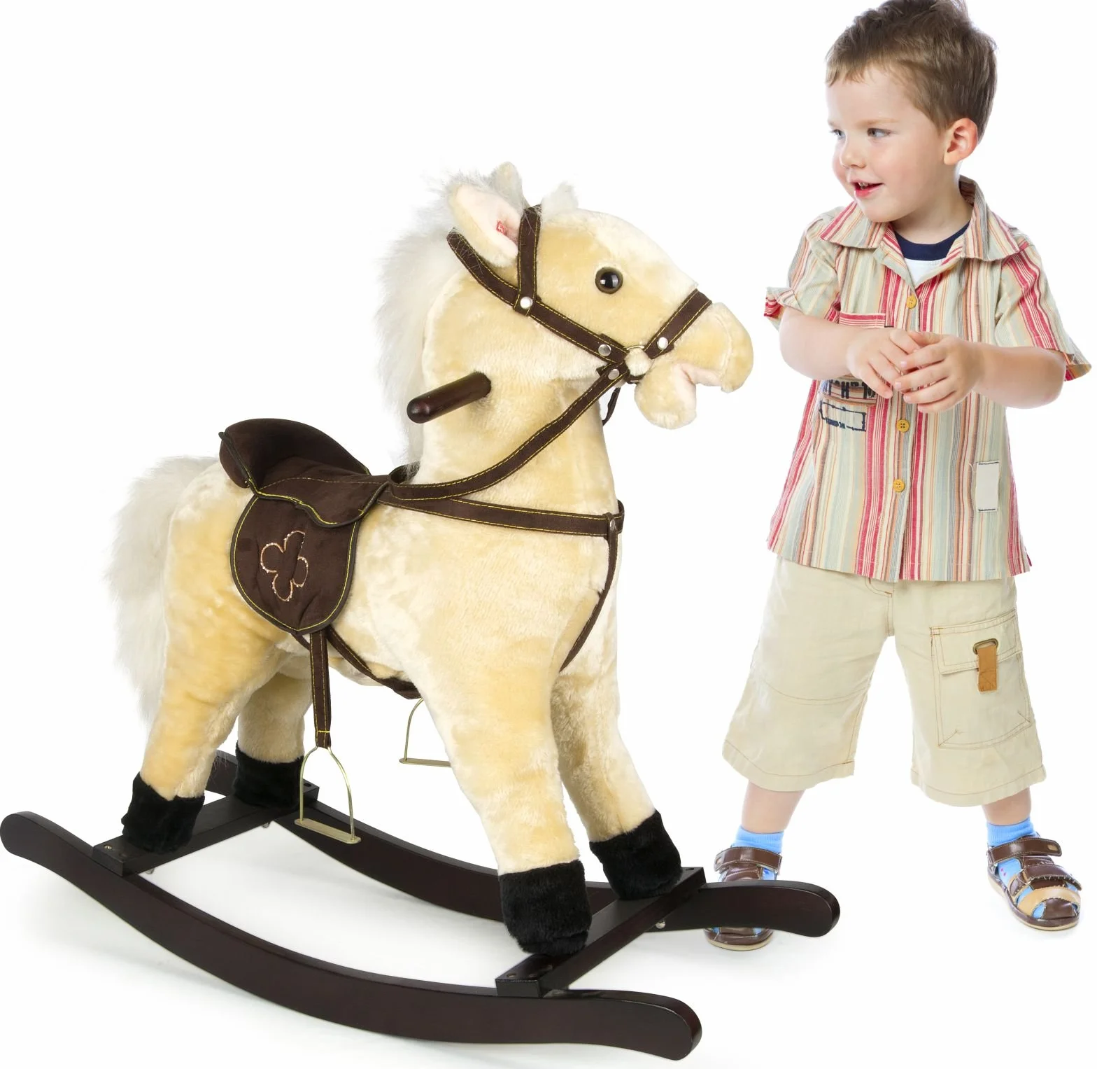 Cavallo a Dondolo per Bambini in Peluche con Suoni, Morbido e Interattivo con Struttura in Legno Sella e Staffe Giocattolo Sicuro per Divertimento e Relax Idea Regalo 74x30x70 cm.