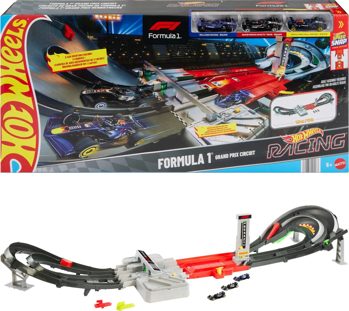 Hot Wheels Racing Circuito Grand Prix set pista con booster motorizzato 3 veicoli Formula 1 scala 1:64