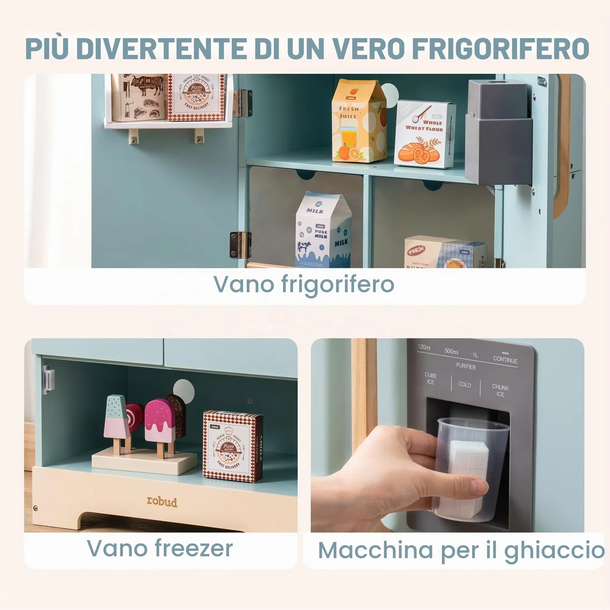ROBUD Frigorifero in legno - realistico e interattivo con macchina per cubetti di ghiaccio e giocattoli alimentari - Adatto per bambini dai 3 anni in su