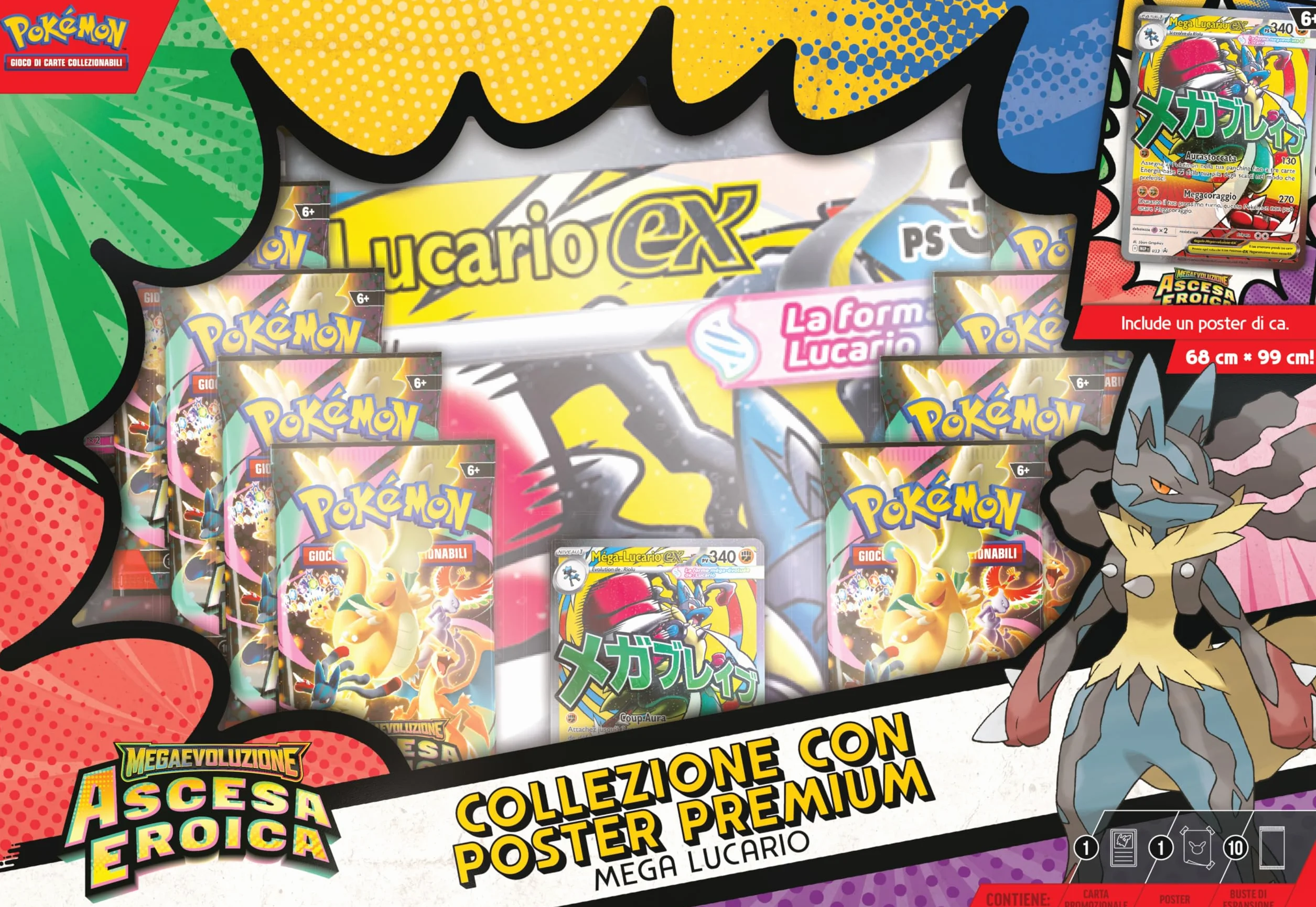 Pokémon: collezione con poster premium Mega Lucario dell’espansione Megaevoluzione - Ascesa Eroica del GCC Pokémon (una carta promozionale olografica, un poster fronte-retro e 10 buste di espansione)