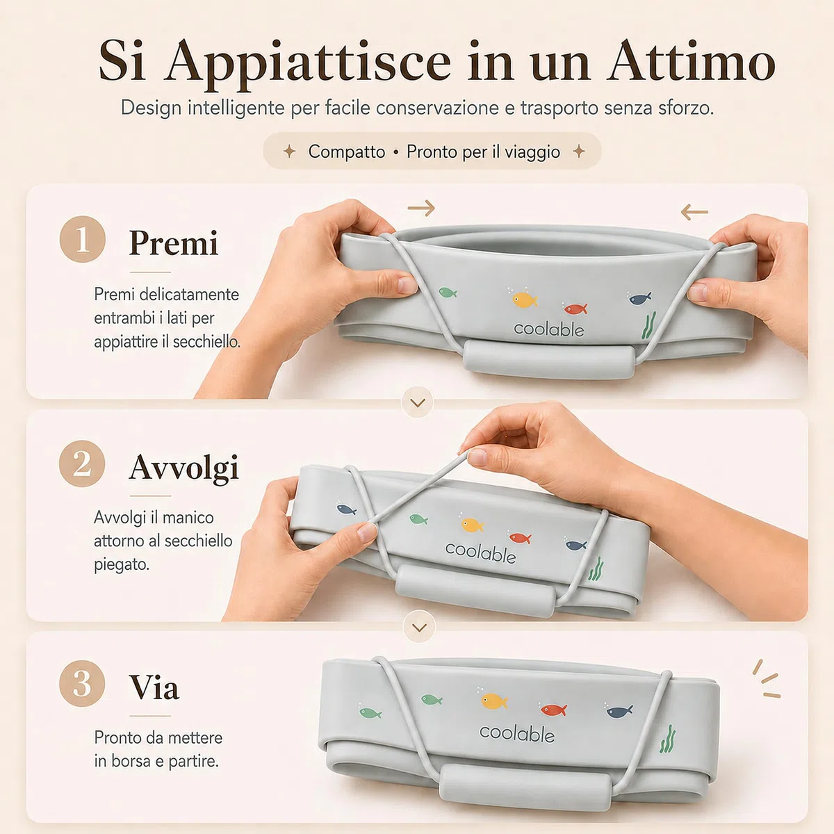 Set di 6 Giocattoli da Spiaggia in Silicone per Bambini - Secchiello Pieghevole, Paletta, 4 Formine e Borsa a Rete - Creature Marine
