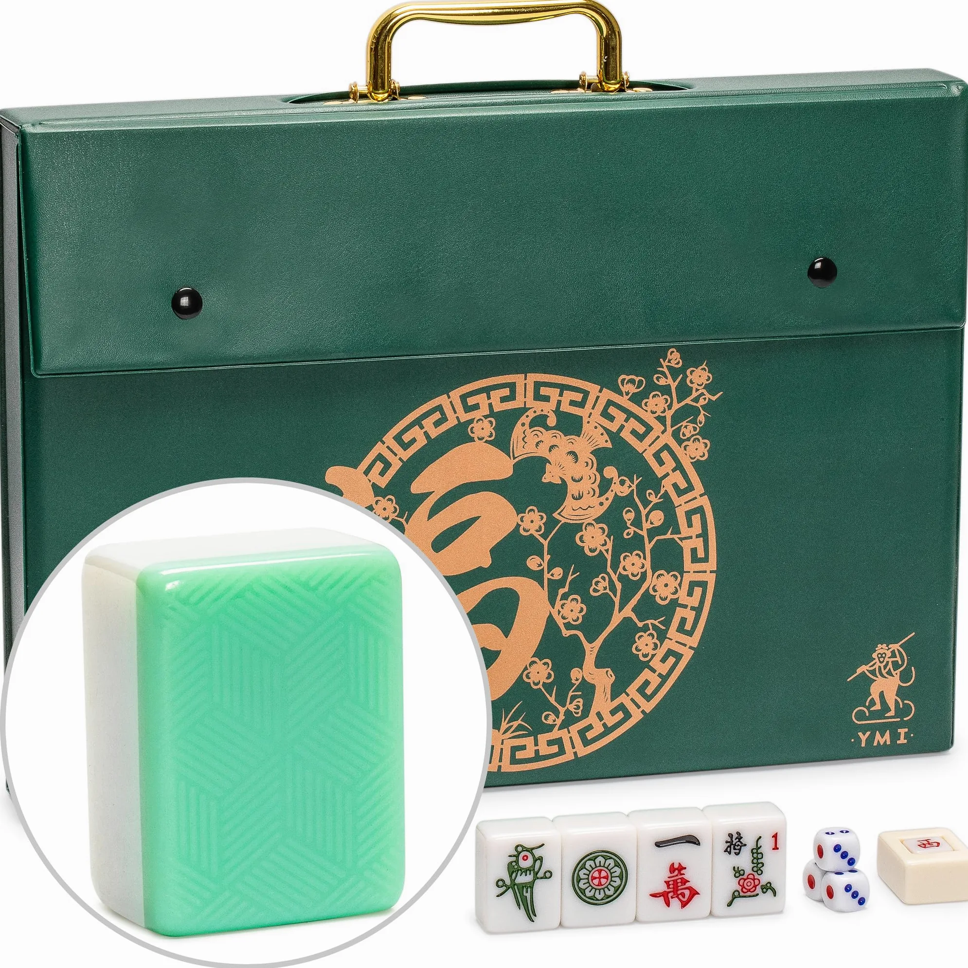 Yellow Mountain Imports Set Mahjong cinese "Emerald Weave" 146 piastrelle 40 mm custodia vinile