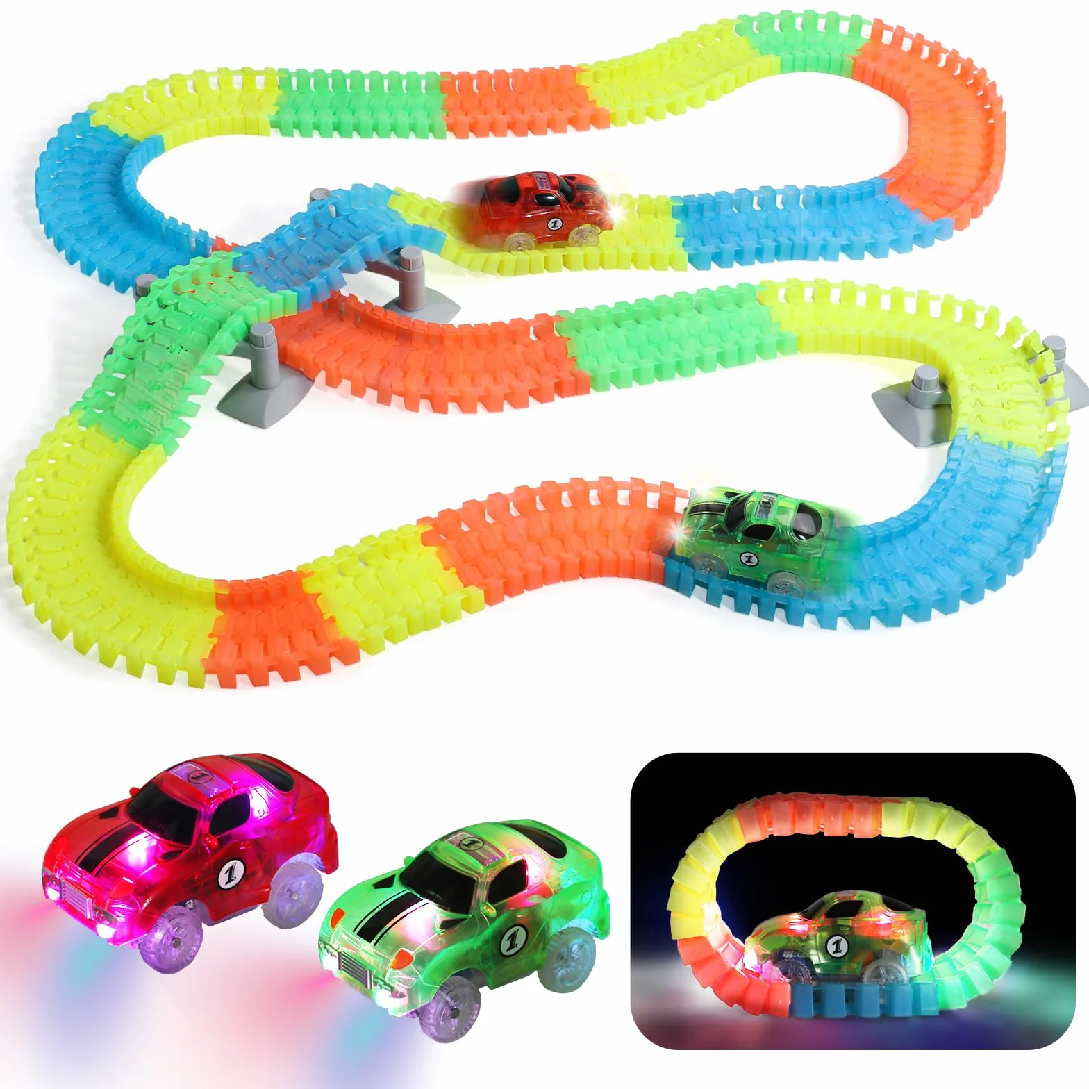 Pista Macchinine Luminosa Elettriche Auto Giocattolo Flessibile Pista Macchinine Colorate Carrera 240 Pezzi con 2 Glow Cars Macchinine Giocattolo per Bambini 3 4 5 6 Anni