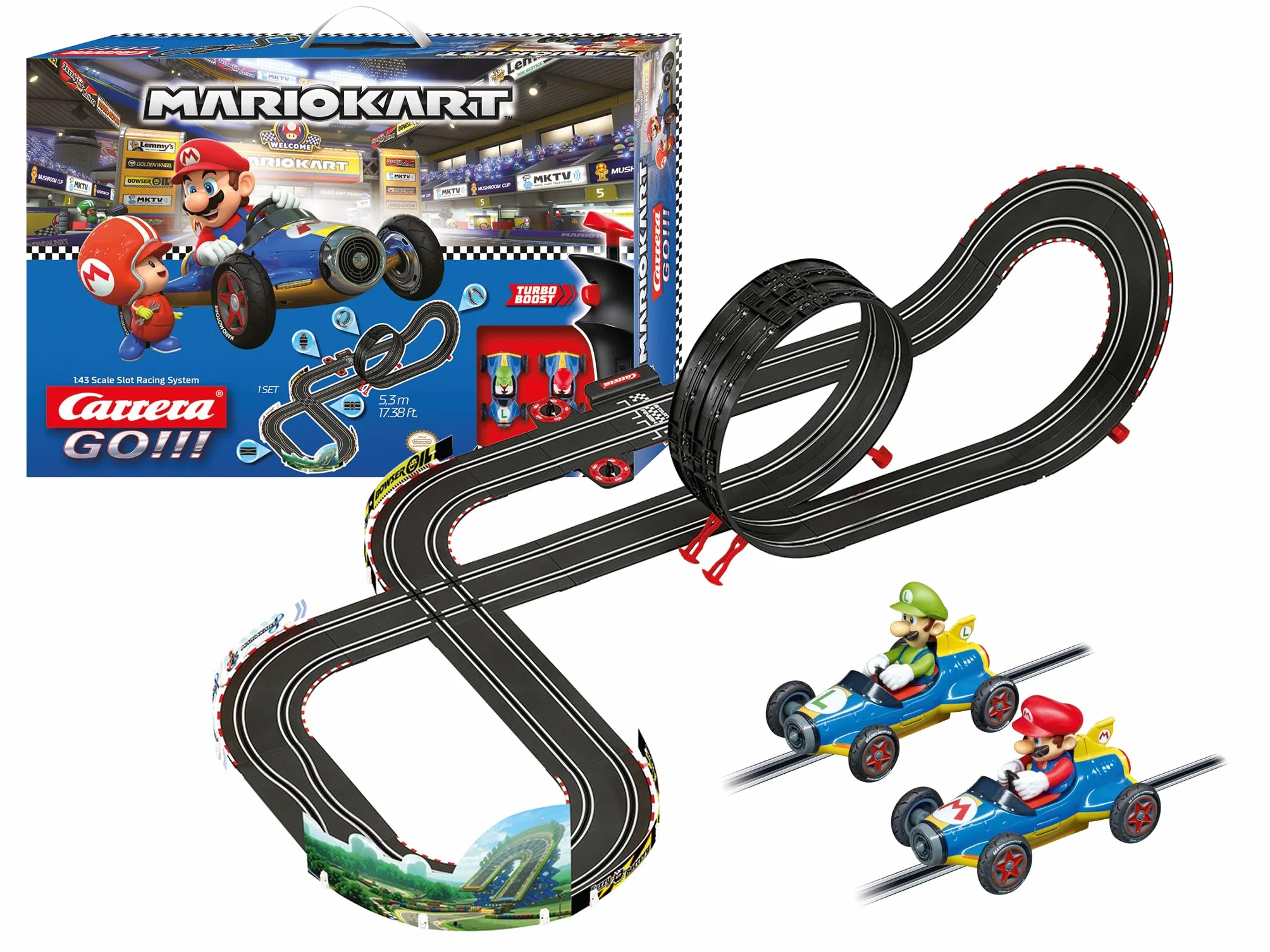 Carrera - 20062492 - GO!!! Mario Kart Mach 8 Set Pista da Corsa e Due Macchinine con Mario e Luigi, Gioco Adatto per Bambini dai 6 Anni, Multicolore