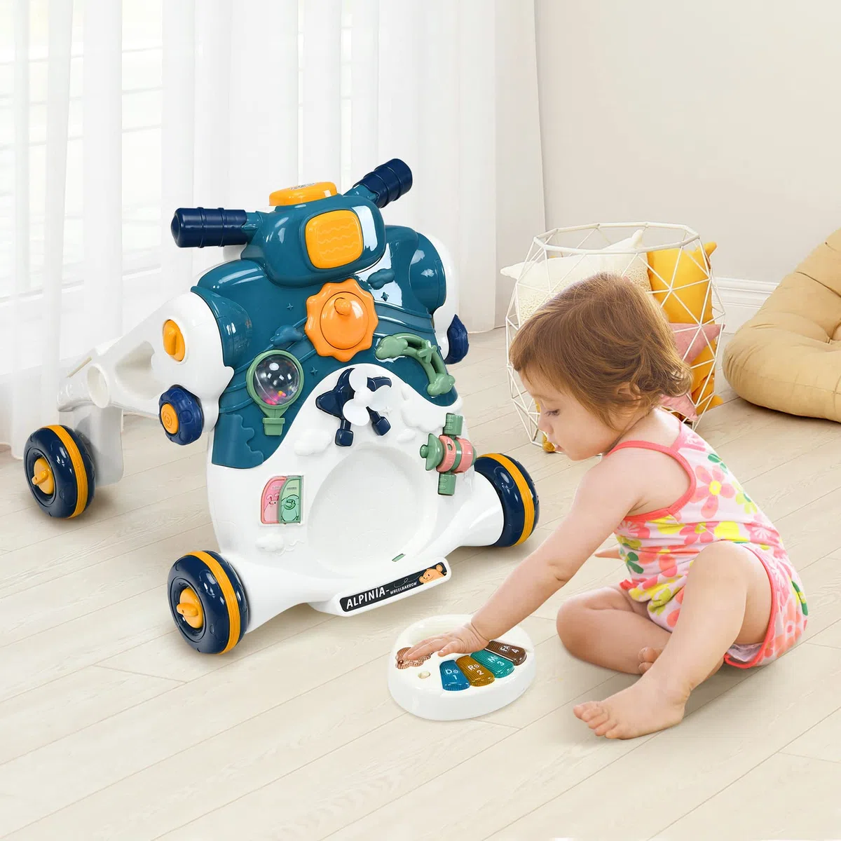 RELAX4LIFE 3 in 1 Primi Passi Spingibile, Scooter Cavalcabile con 4 Ruote Antiscivolo e Centro Attività con Giocattoli, Suoni, Tastiera Staccabile, 6-36Mesi(Blu)