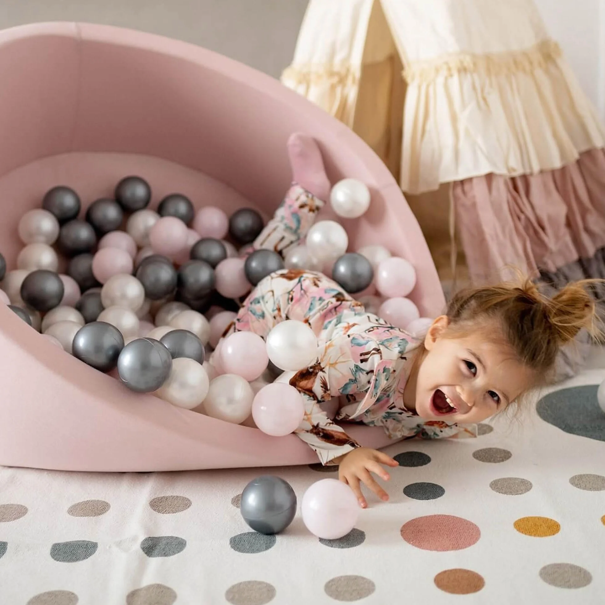 MISIOO Smart Piscina di Palline 90 x 30 cm Rotondo per Bambini (Rosa: Argento-Perla-Rosa chiaro/150 Palle)