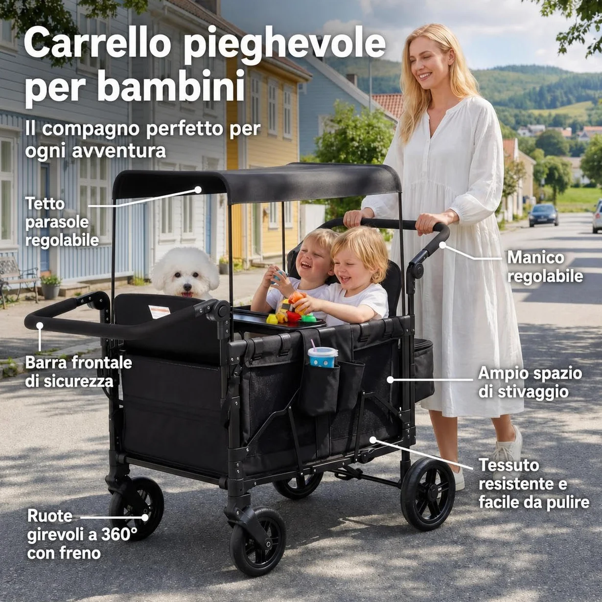 Passeggino a 4 Posti Per Bambini Pieghevole Tutto Terreno, Cappottina Regolabile, Maniglia Push & Pull, Vassoio Merenda, Imbracatura 5 Punti Di Sicurezza, Ruote Girevoli e Fisse, Spazio Ampio