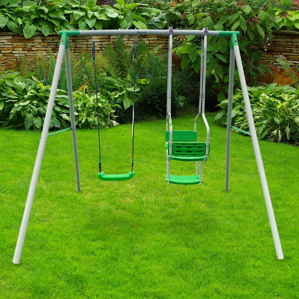 HyperMotion Altalena da Giardino per Bambini a 3 Posti, Set di Altalene per Parco Giochi, Telaio in Acciaio Resistente, Corda Regolabile in Lunghezza