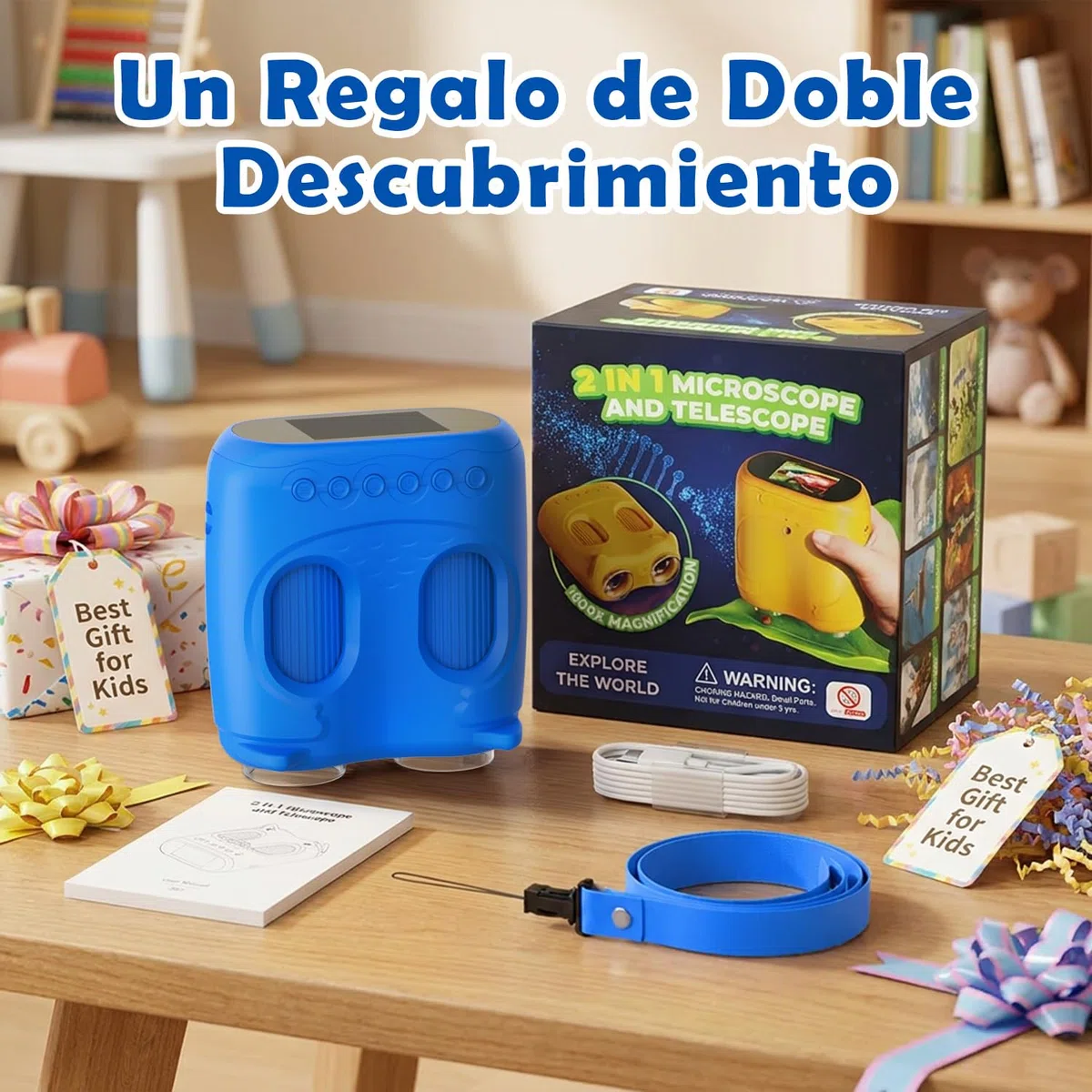 Microscopio Bambini 2 in 1 per Bambini e Binocolo, HD IPS da 2,0", 1000x, 8 LED, 1080P, Microscopi Adatti a Bambini e Bambine dai 3 Anni in Su, Blu
