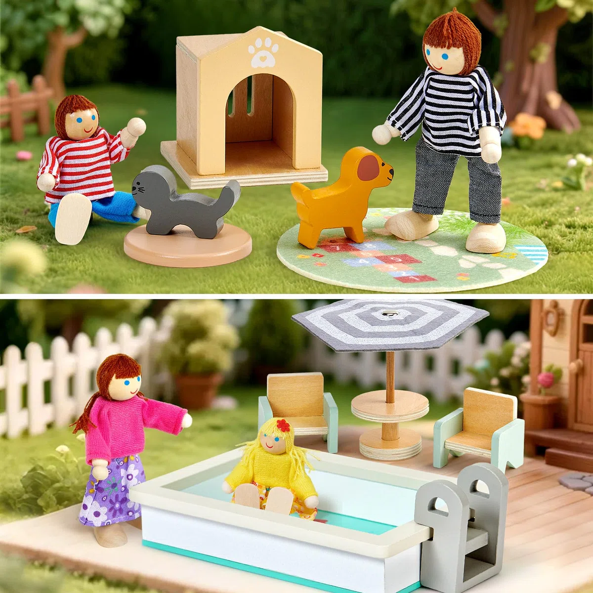 Atoylink 26 PCS Mobili in Legno per Casa delle Bambole con 4 Bambole, Accessori, Regalo di Compleanno per Bambini 3-6 Anni
