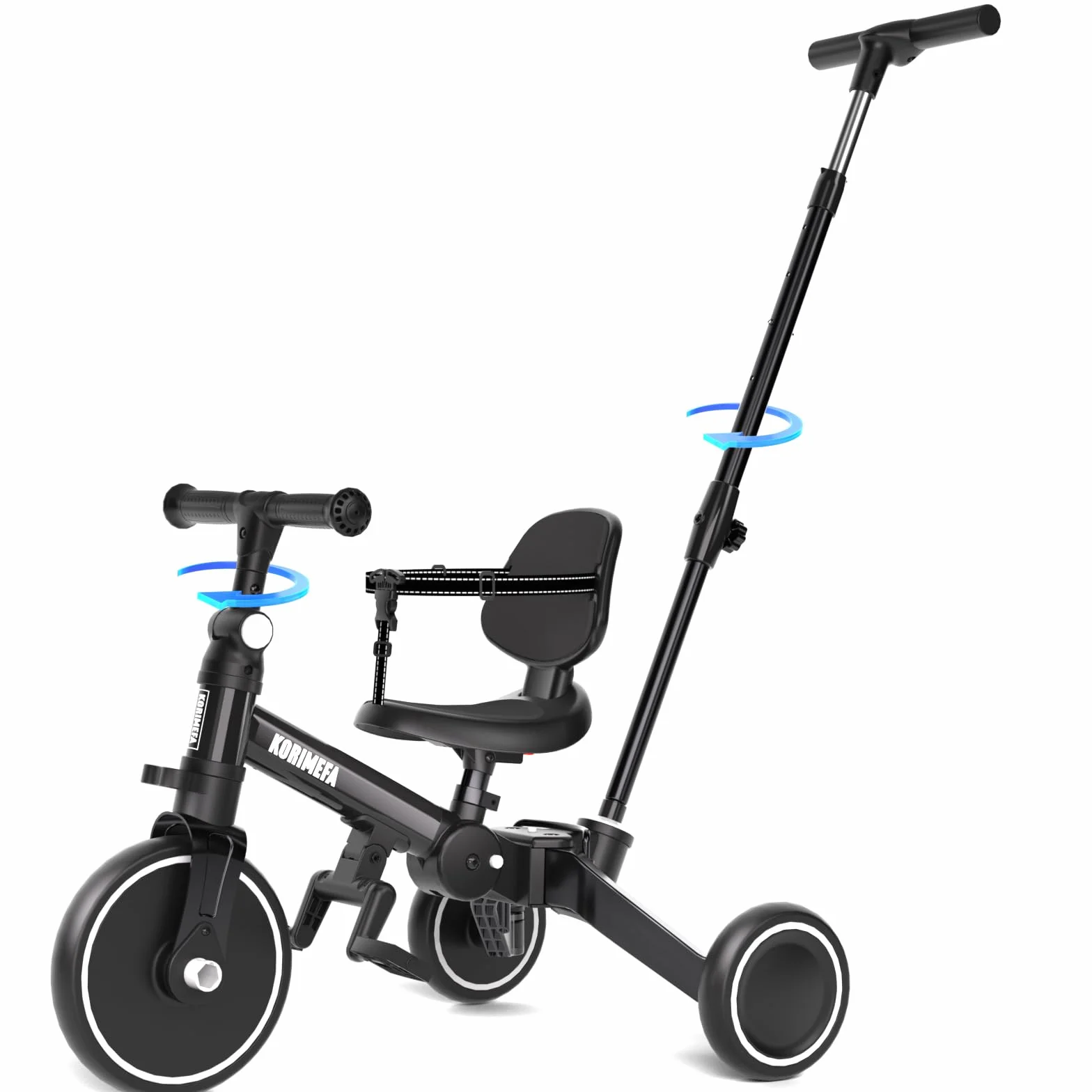 KORIMEFA Bicicletta per bambini, Triciclo a 3 ruote per bambini da 1-3 anni,maniglia di spinta, pedale rimovibile,schienale,maniglia di guida per i genitori,Natale per il primo compleanno (Nero)