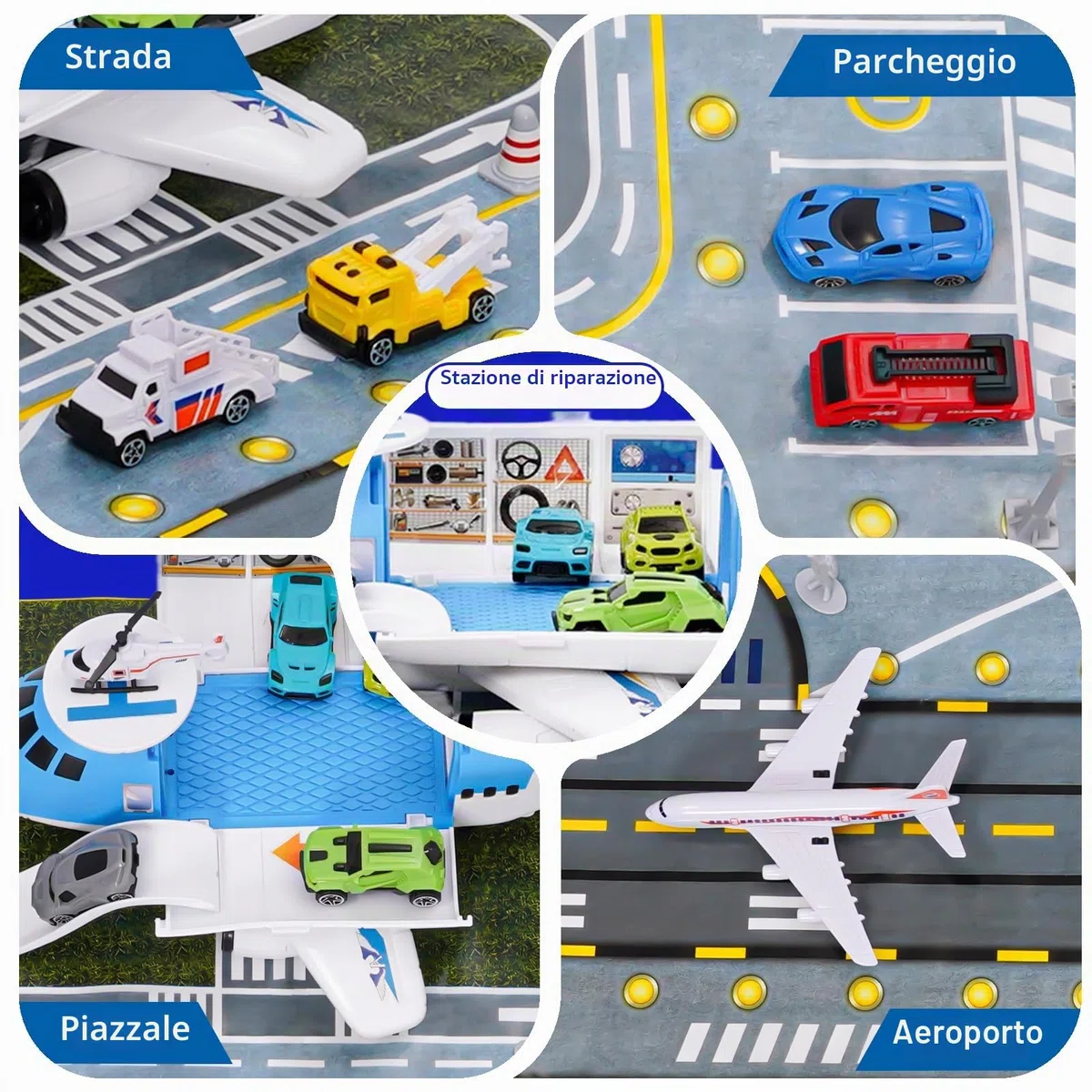 Set Giocattoli Trasporto Aereo Auto 15 Mezzi con Segnaletica Stradale Tappetini da Gioco Regalo Bambini 3+