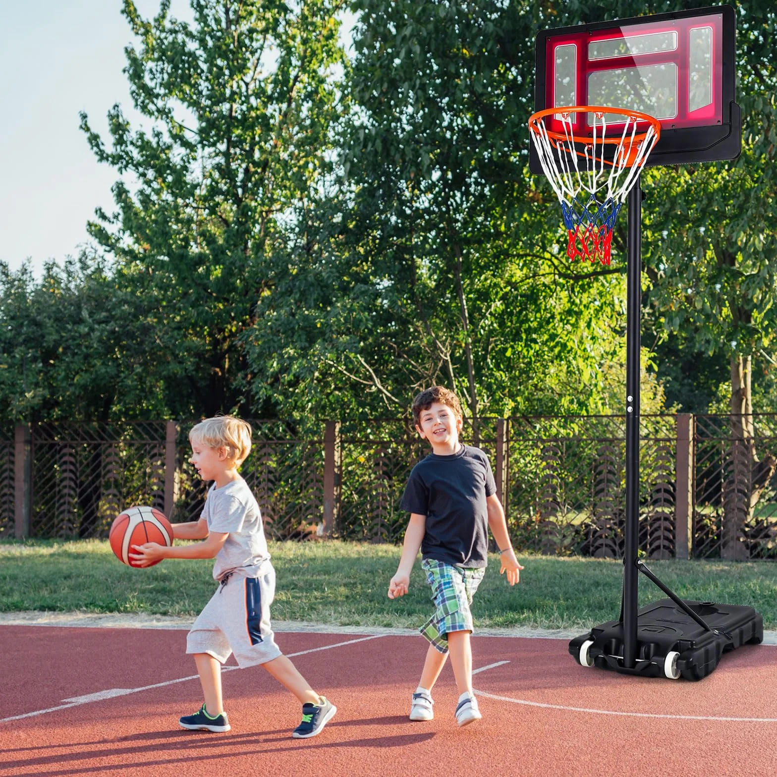 KOMFOTTEU Canestro Basket per Esterno da Pavimento, Canestro da Basket ad Altezza Regolabile 154-210 cm, Supporto da Basket con Base, Portatile con Ruote, Pallacanestro per Interno
