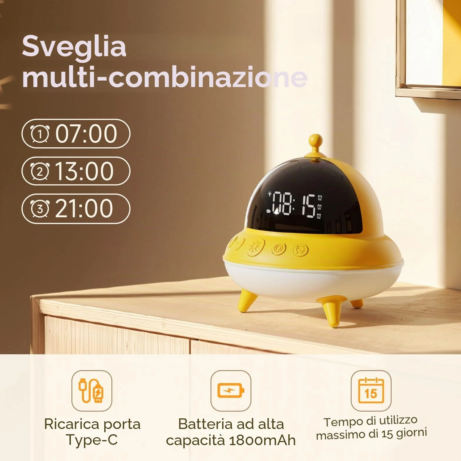 BEAVERLAB - Sveglia per bambini e ragazzi, con 7 colori, luce notturna per bambini, 0 dB, carica USB-C e batteria da 15 giorni, per camera da letto