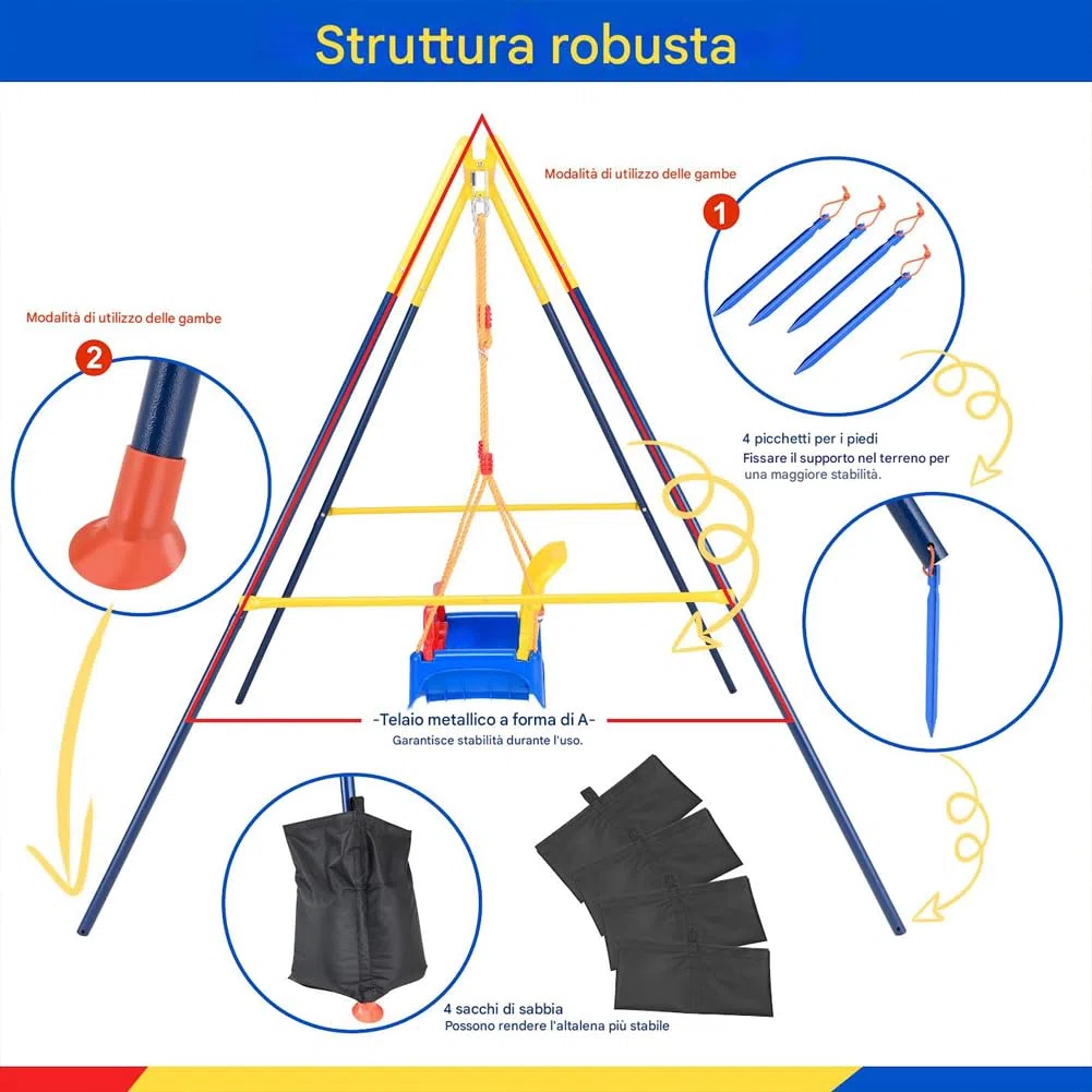 BAKAJI Altalena 3 in 1 per Bambini da Giardino, Resistente con Struttura in Acciaio e 4 Sacchi di Sabbia per Fissaggio Al Terreno, Sediolino con Cinture di Sicurezza e Schienale, Indoor/Outdoor