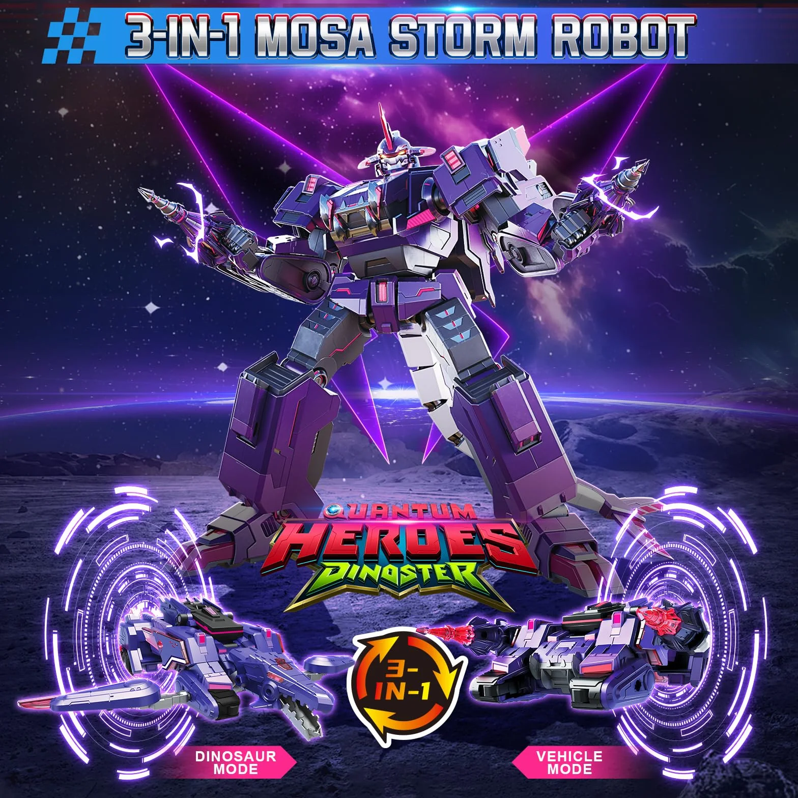 QUANTUM HEROES DINOSTER Robot trasformabile 3 in 1 Mosa Storm, 8,66 pollici, giocattoli robot per bambini, carri e robot trasformatori per bambini e bambine di 5 6 7 8 9 10 anni, viola