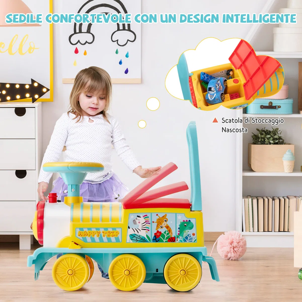 COSTWAY Trenino Elettrico per Bambini, Treno Giocattolo con 16 Pezzi di Binari, con Luci e Suoni, Scatola di Stoccaggio, Regalo per Bambini Anni 3+ (Blu)