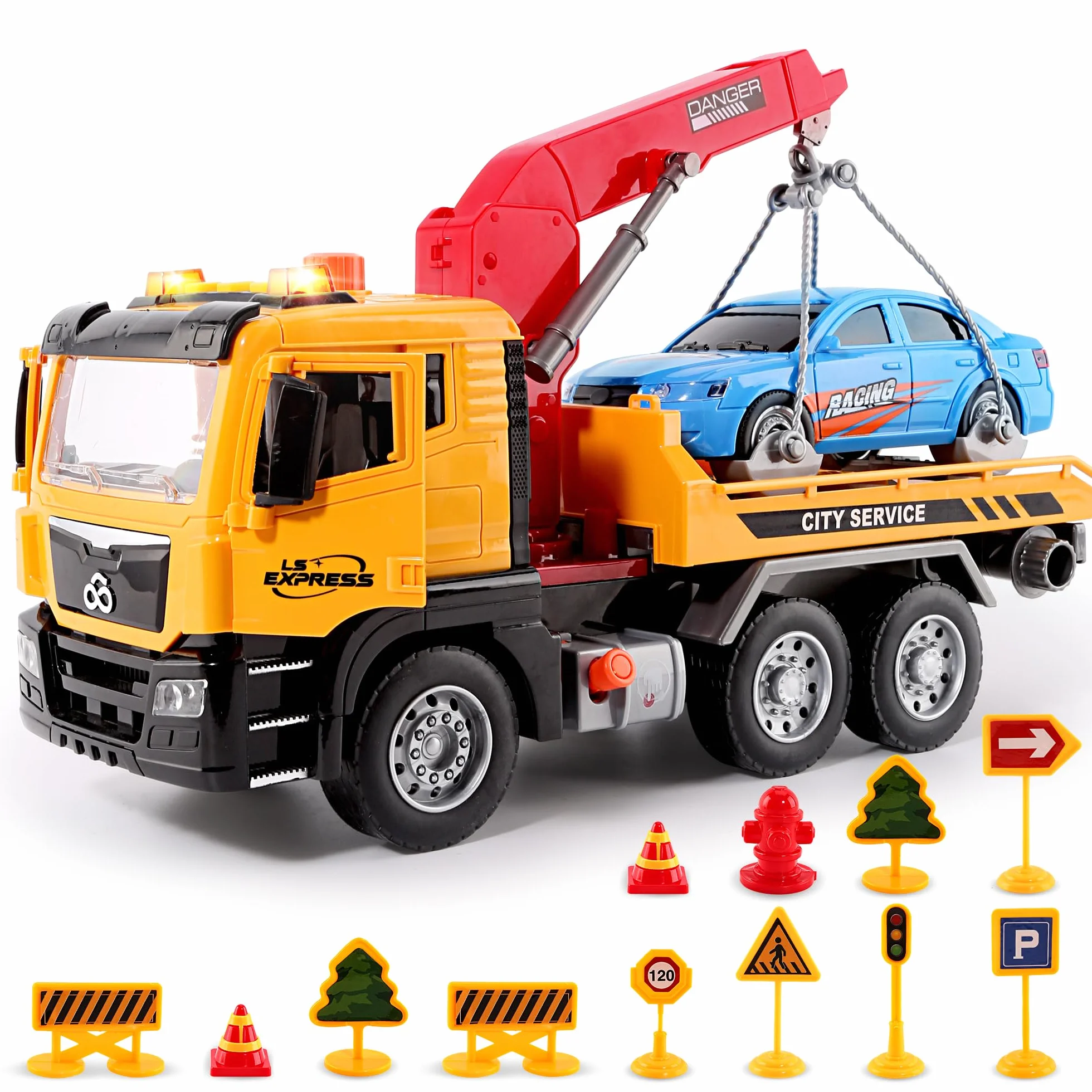 BunnyJOY Camion Giocattolo Bambini 3 4 5 6 Anni, Camion Soccorso Giocattolo con Luci e Suoni, Carro Attrezzi con Gru e Catena con Auto Inclusa, Regalo Bambini