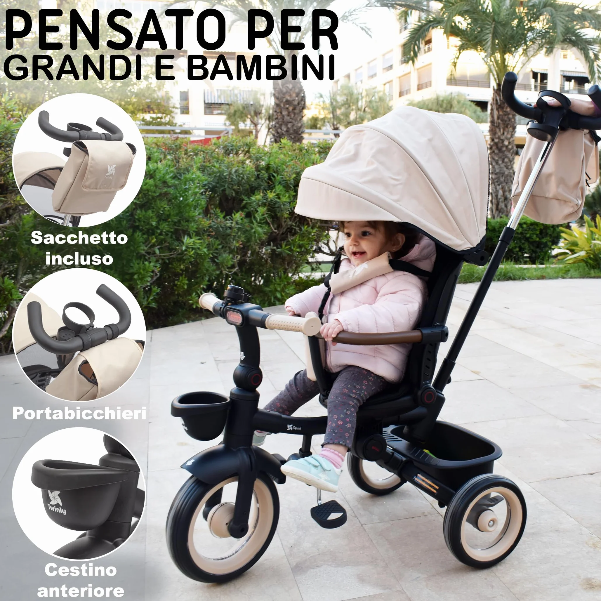 Twinly - Triciclo Evolutivo Bambino Sami Pieghevole con Sedile Girevole 360 Bicicletta 2 anni - Passeggino Bambino, Giocattolo, 1-5 anni o 25 kg - Luce, Cappottina Estensibile (Beige)