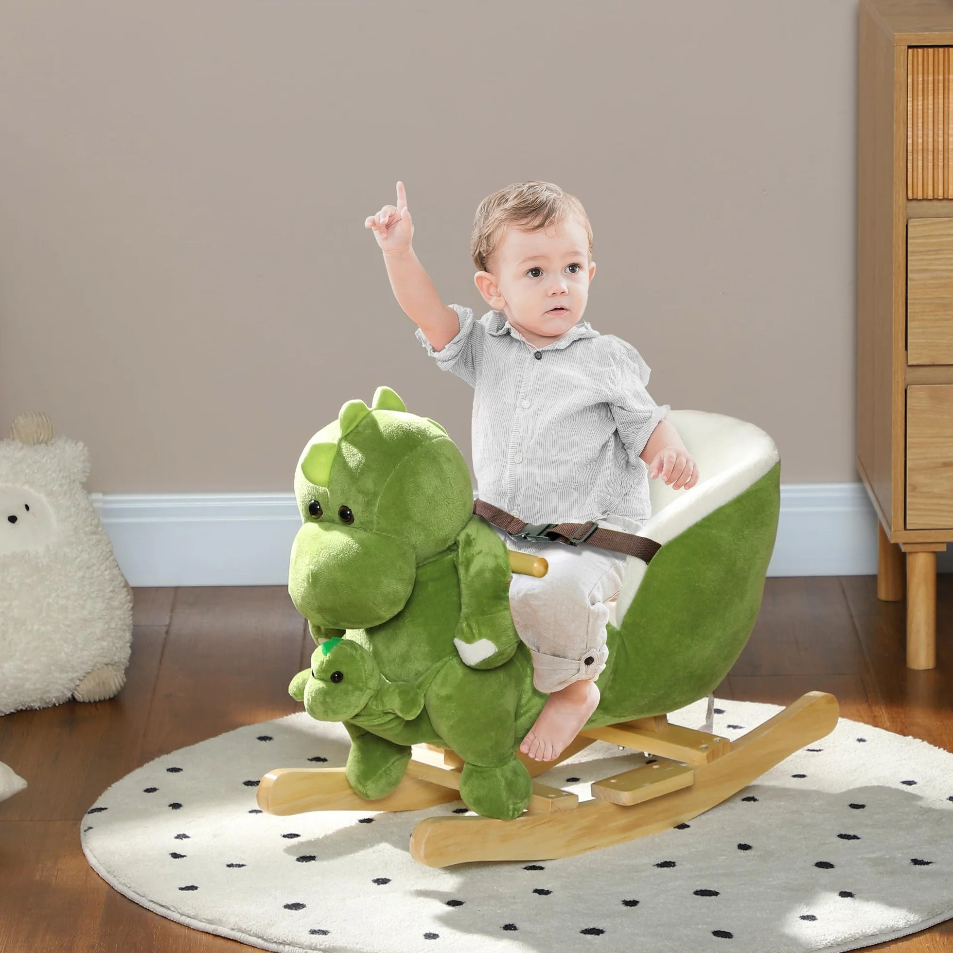 AIYAPLAY Cavallo a Dondolo per Bambini a Dinosauro con Marionetta, Cavallino Cavalcabile con Suoni e Rivestimento Morbido, Età 18-36 Mesi, Verde