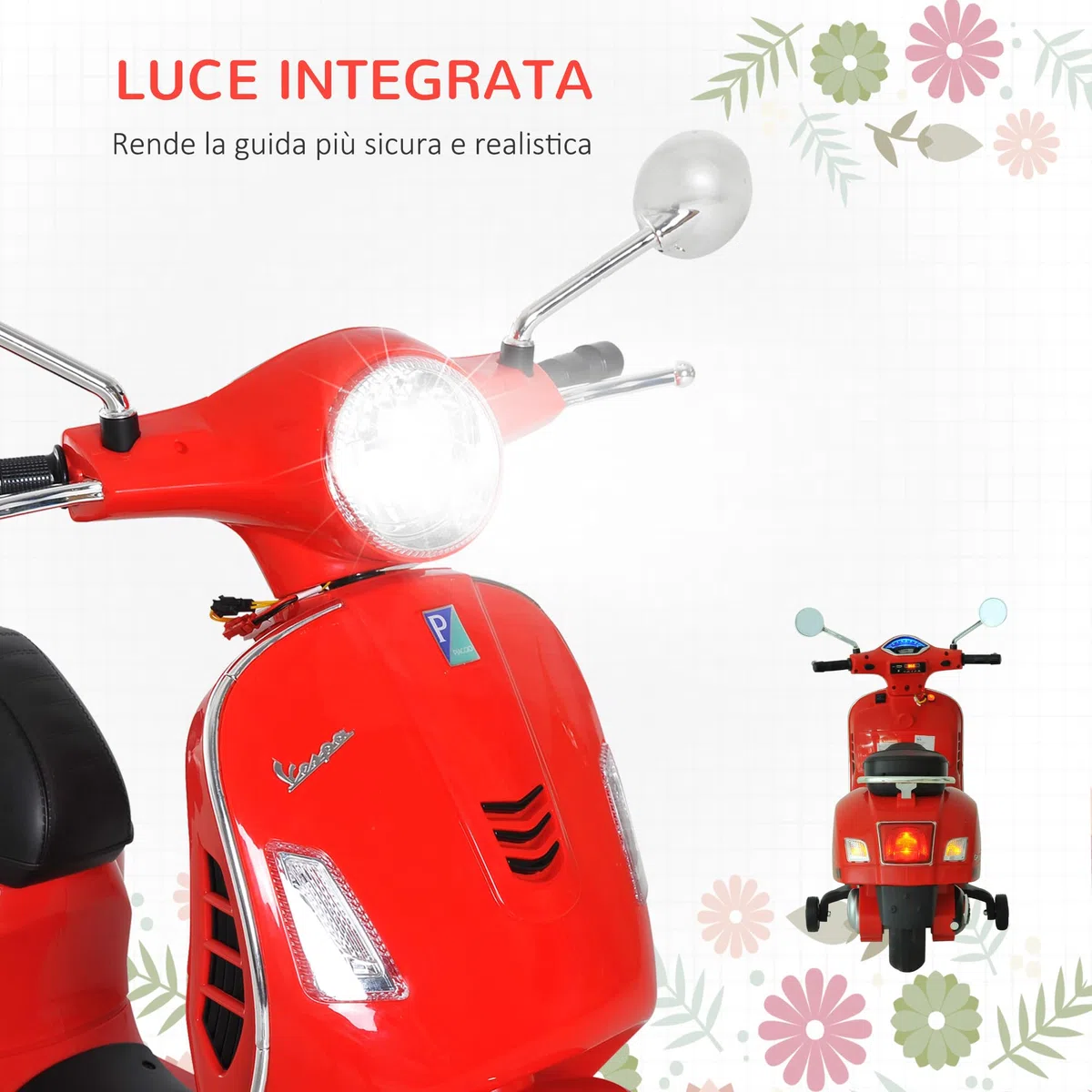 HOMCOM Vespa Moto Elettrica per Bambini, 6V Motorino Elettrico 3-6 Anni, Rosso, 102x50.5x75.5 cm
