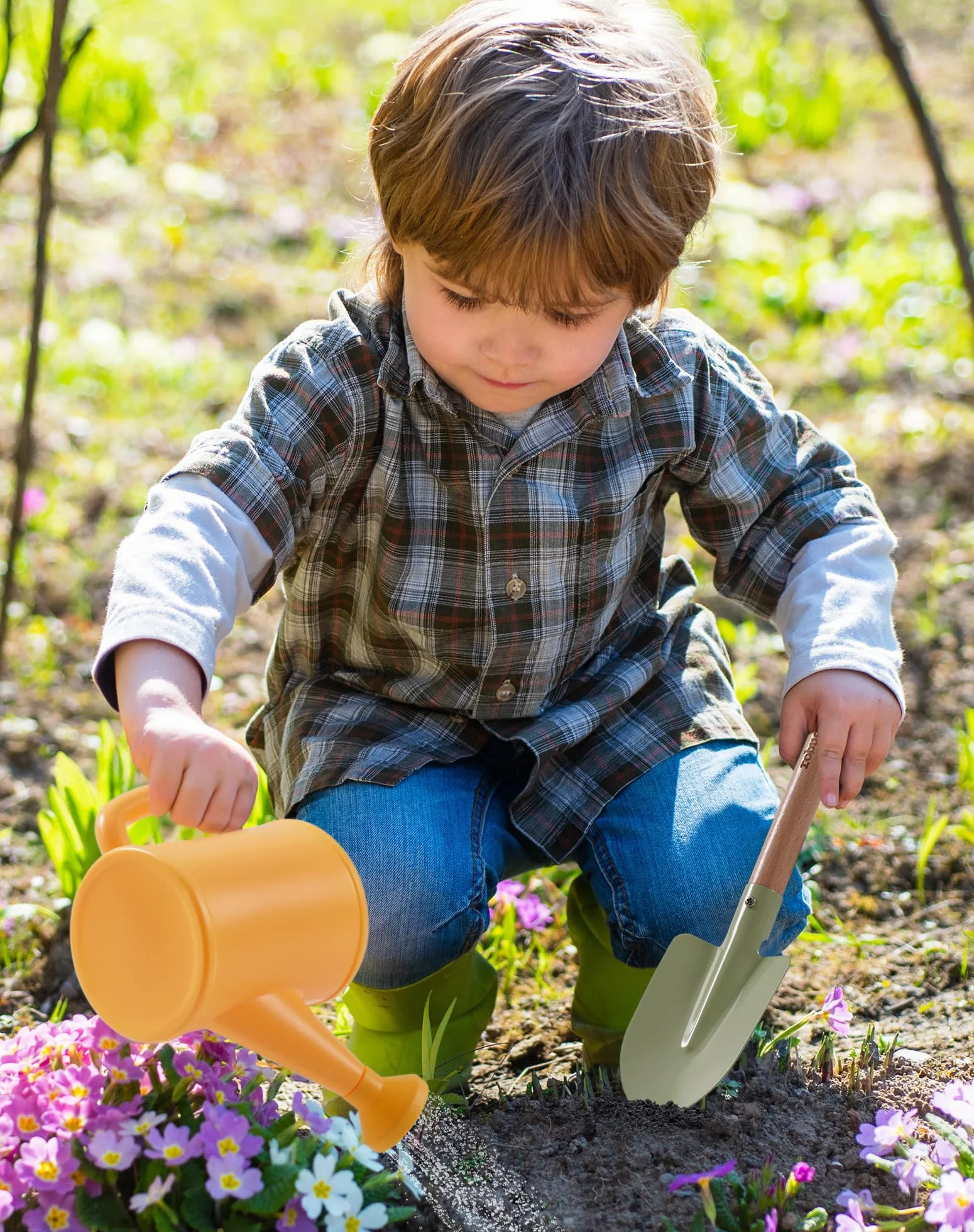 ROBUD Set da giardinaggio per bambini, kit di attrezzi da giardino per bambini da 18 pezzi con grembiule, annaffiatoio, paletta, giocattoli educativi all'aperto per bambini e bambine dai 3 anni in su