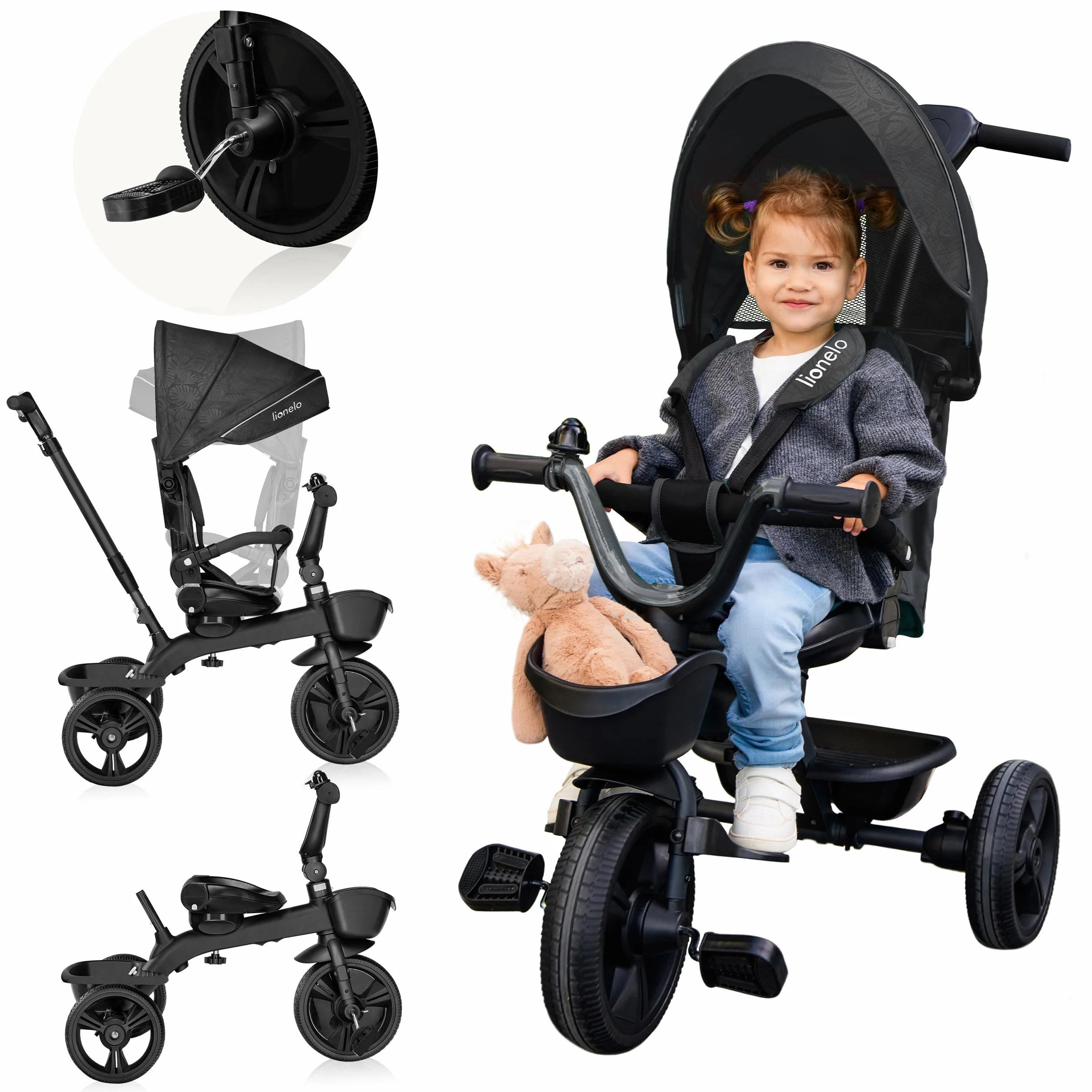 LIONELO Kori Triciclo Evolutivo per Bambini da 1.5 Anni fino a 25 kg Sedile Girevole 360° Telaio ultraleggero in lega di magnesio, Pneumatici resistenti, Maniglione per genitori e Accessori