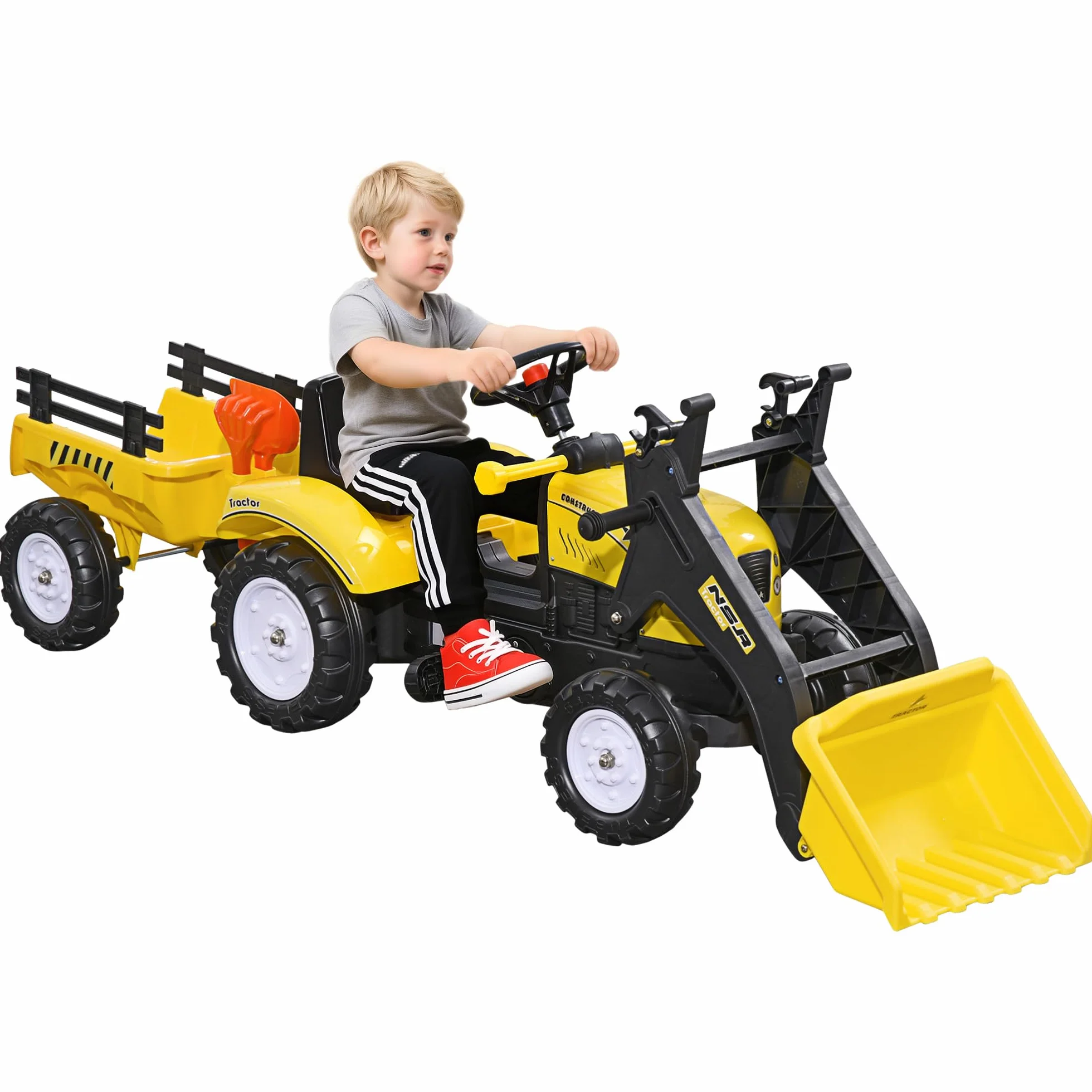 HOMCOM Escavatore Cavalcabile per Bambini da 3 Anni con Ruspa Frontale e Rimorchio Rimovibile, Trattore a Pedali per Bambini con 6 Ruote, Giallo
