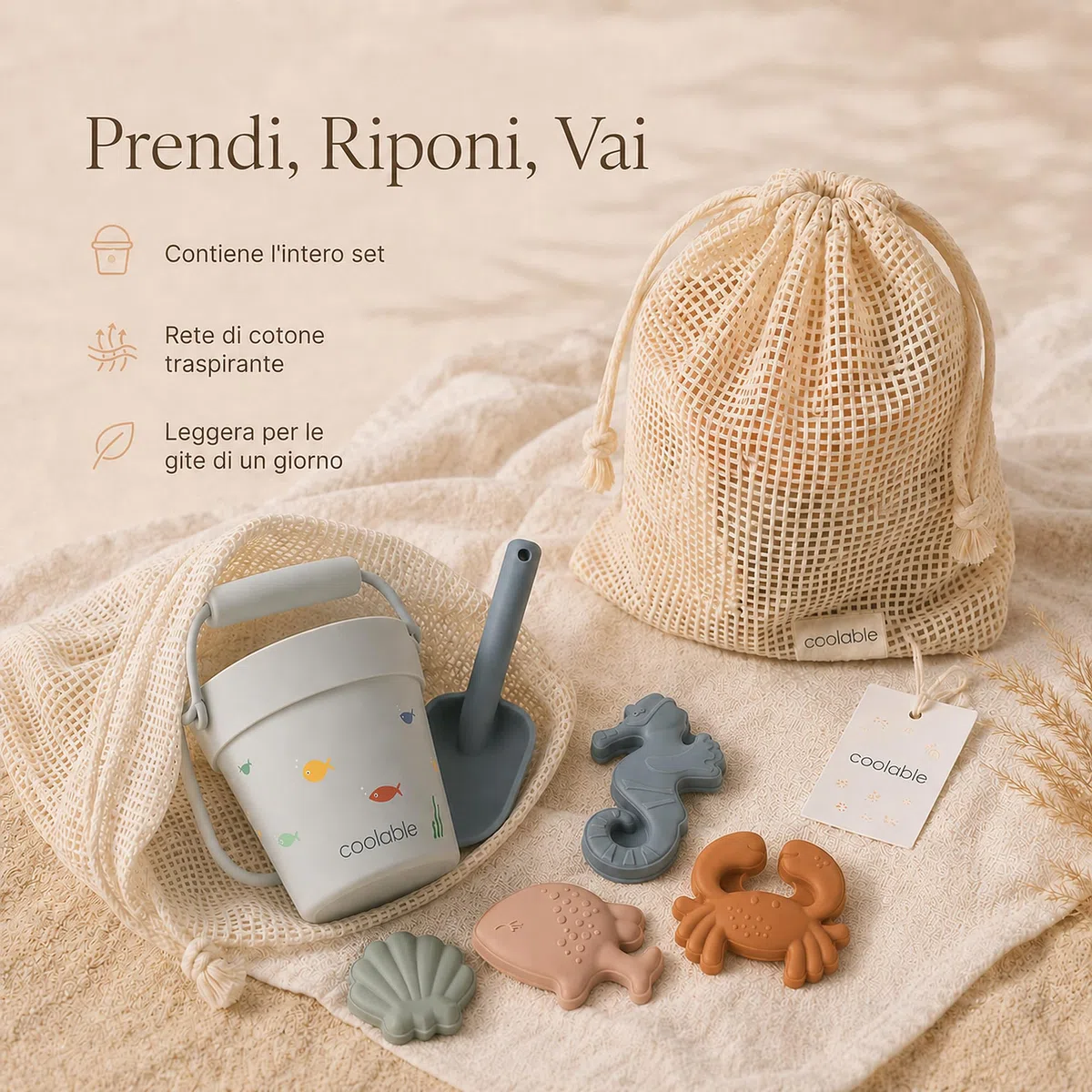 Set di 6 Giocattoli da Spiaggia in Silicone per Bambini - Secchiello Pieghevole, Paletta, 4 Formine e Borsa a Rete - Creature Marine