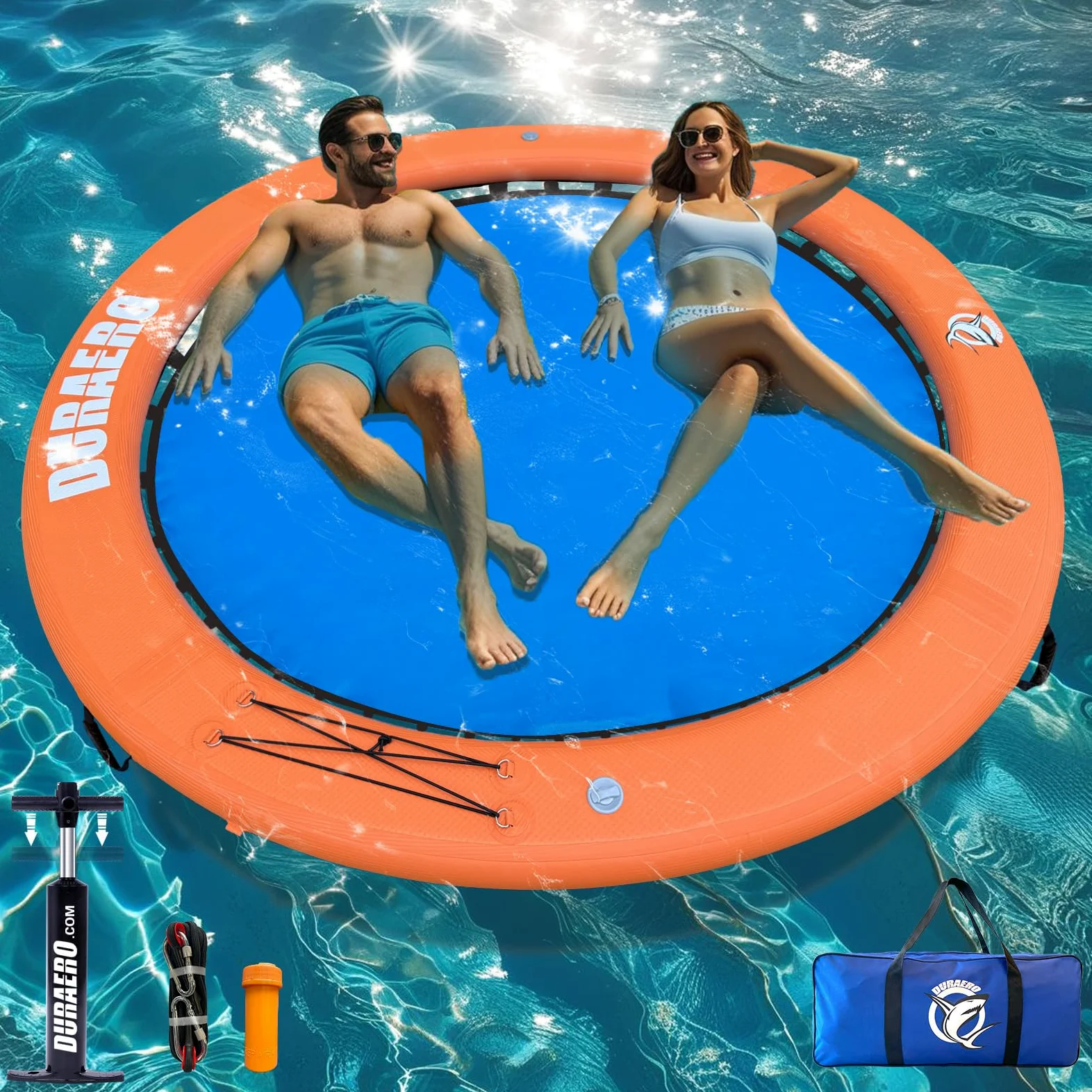 Amaca Gonfiabile ad Acqua Rotonda 245cm – Isola Galleggiante in PVC Drop-Stitch per 2–6 Persone, Piattaforma da Nuoto per Lago e Piscina, Lettino Galleggiante con Rete, Corda, Ganci e Maniglie