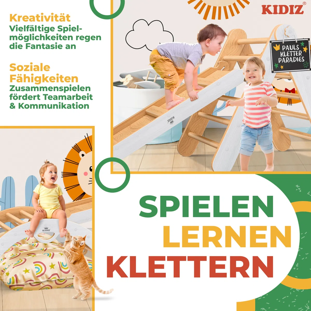Kidiz Montessori Set di gioco 7 in 1 arrampicata scivolo triangolo legno cuscino lavagna orologio didattico