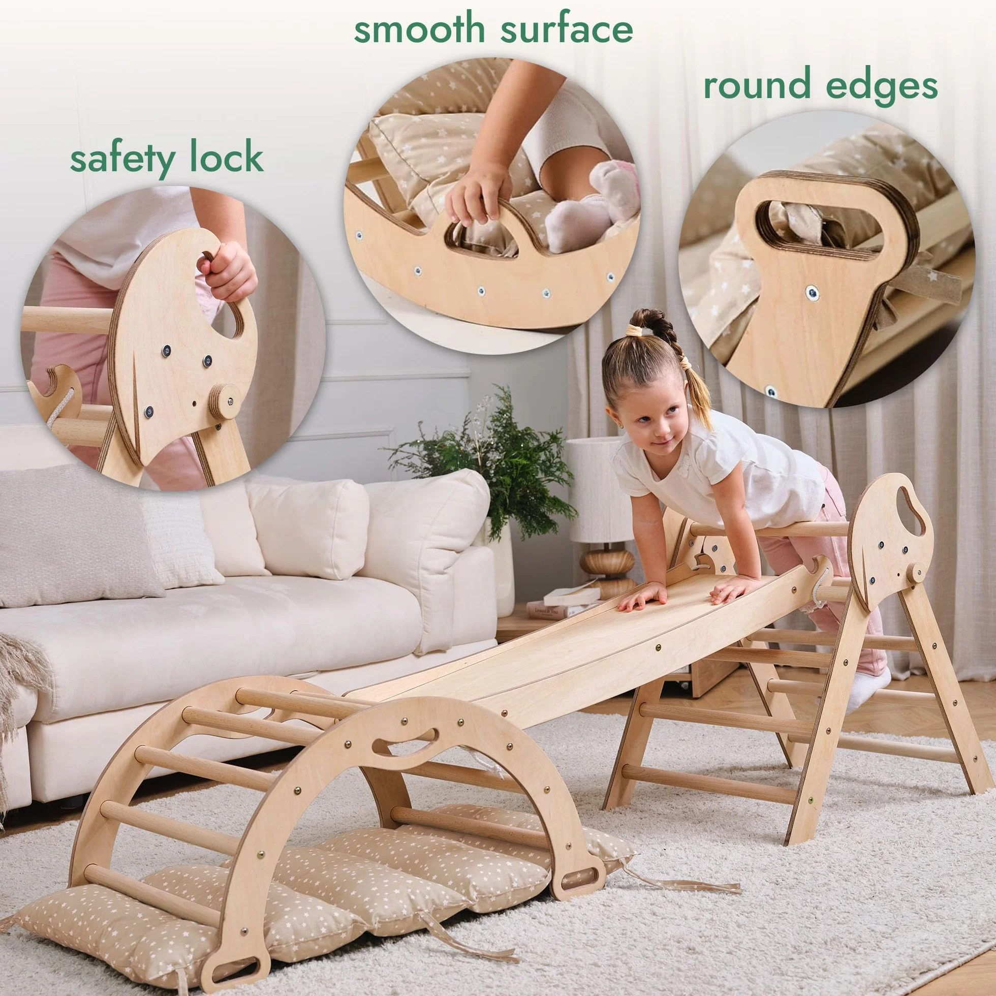 Goodevas Palestra in Legno 5 in 1 Bambini, Scala a Triangolo, Arco, Balance Board con Cuscino, Montessori 1-3 Anni
