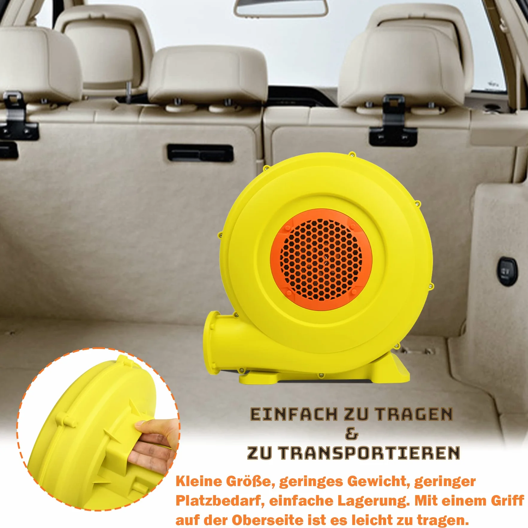 Froadp 750W Ventilatore di Aria del Castello Gonfiabile Pompa d'Aria Elettrica 220-240V Bassa Rumorosità Soffiatore Portatile con Impugnatura e Punta a Terra per Giochi Gonfiabili (Giallo+Arancione)