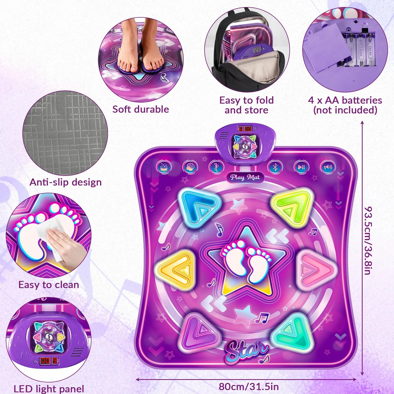 Bambini Tappetino da Ballo con 6 LED, Tappeto da Ballo con Bluetooth per 3 4 5 6 7 8+ Anni,Tappetino da Ballo Elettronico,Giocattolo Tappeto Musicale da Ballo,Regali di Natale di Compleanno (Viola)